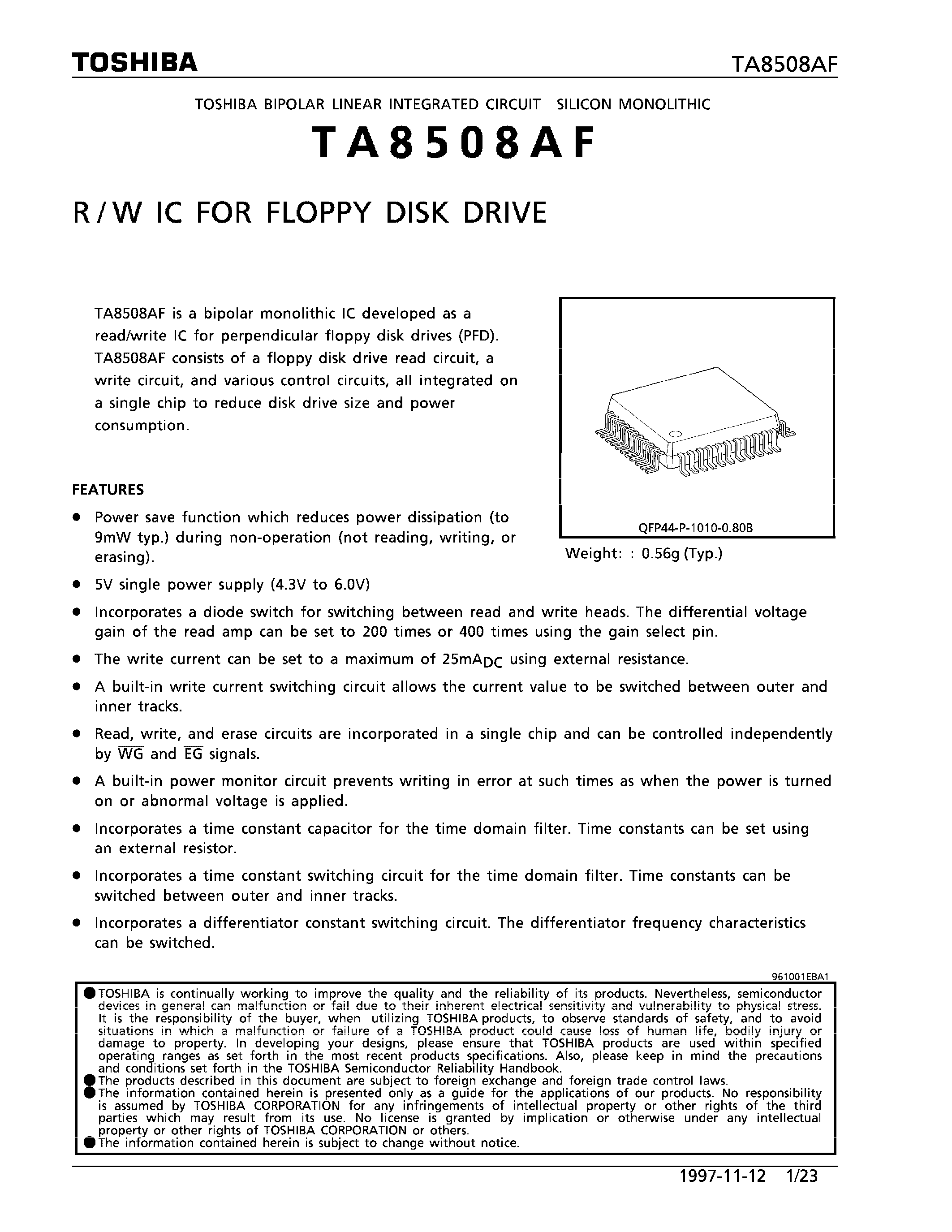 Datasheet TA8508AF - R/W IC FOR FLOPPY DISK DRIVE page 1