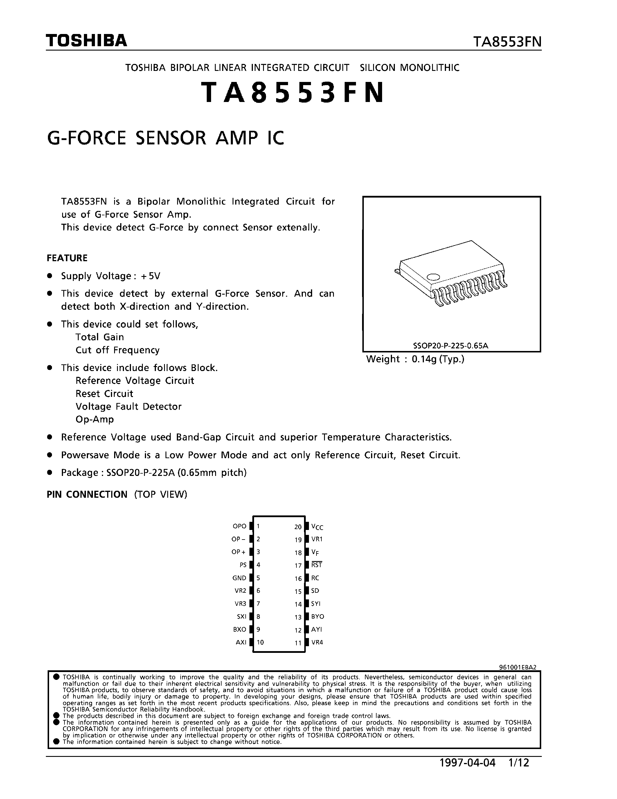 Даташит TA8553FN - G-FORCE SENSOR AMP IC страница 1