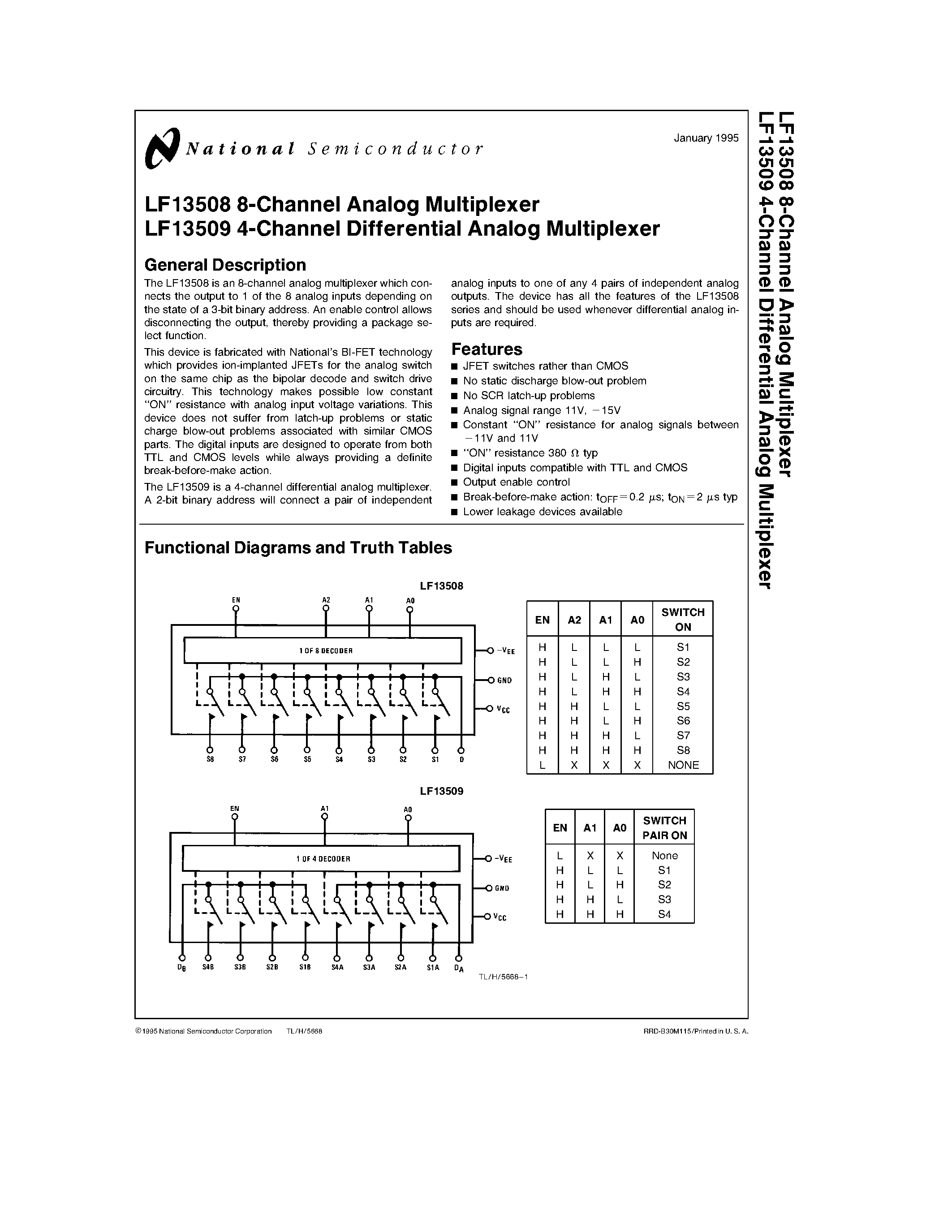 Datasheet LF13508 - (LF13508) 4-Channel Differential Analog Multiplexer page 1