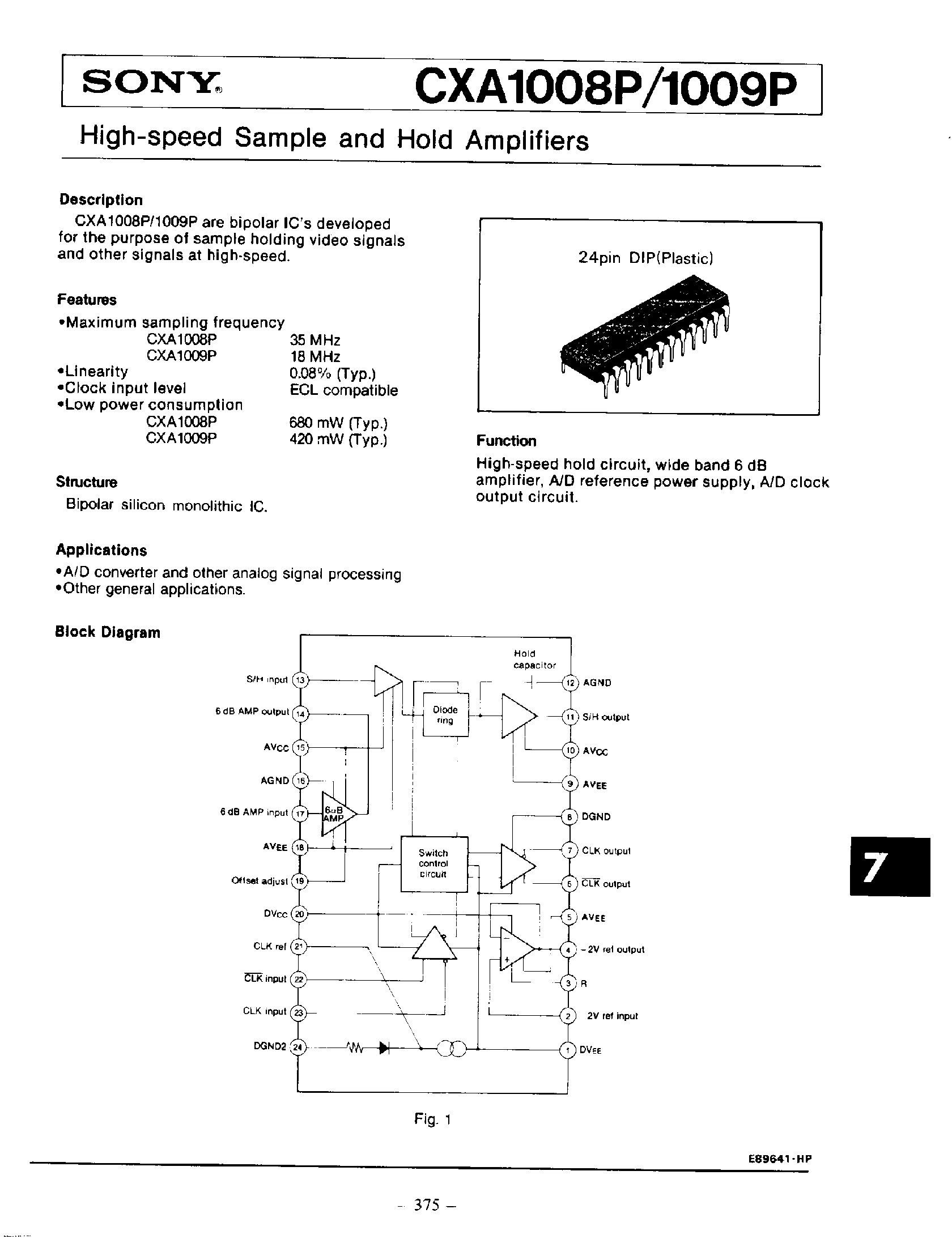 Даташит CXA1008 - (CXA1008) High Speed Sample and Hold Amplifiers страница 1