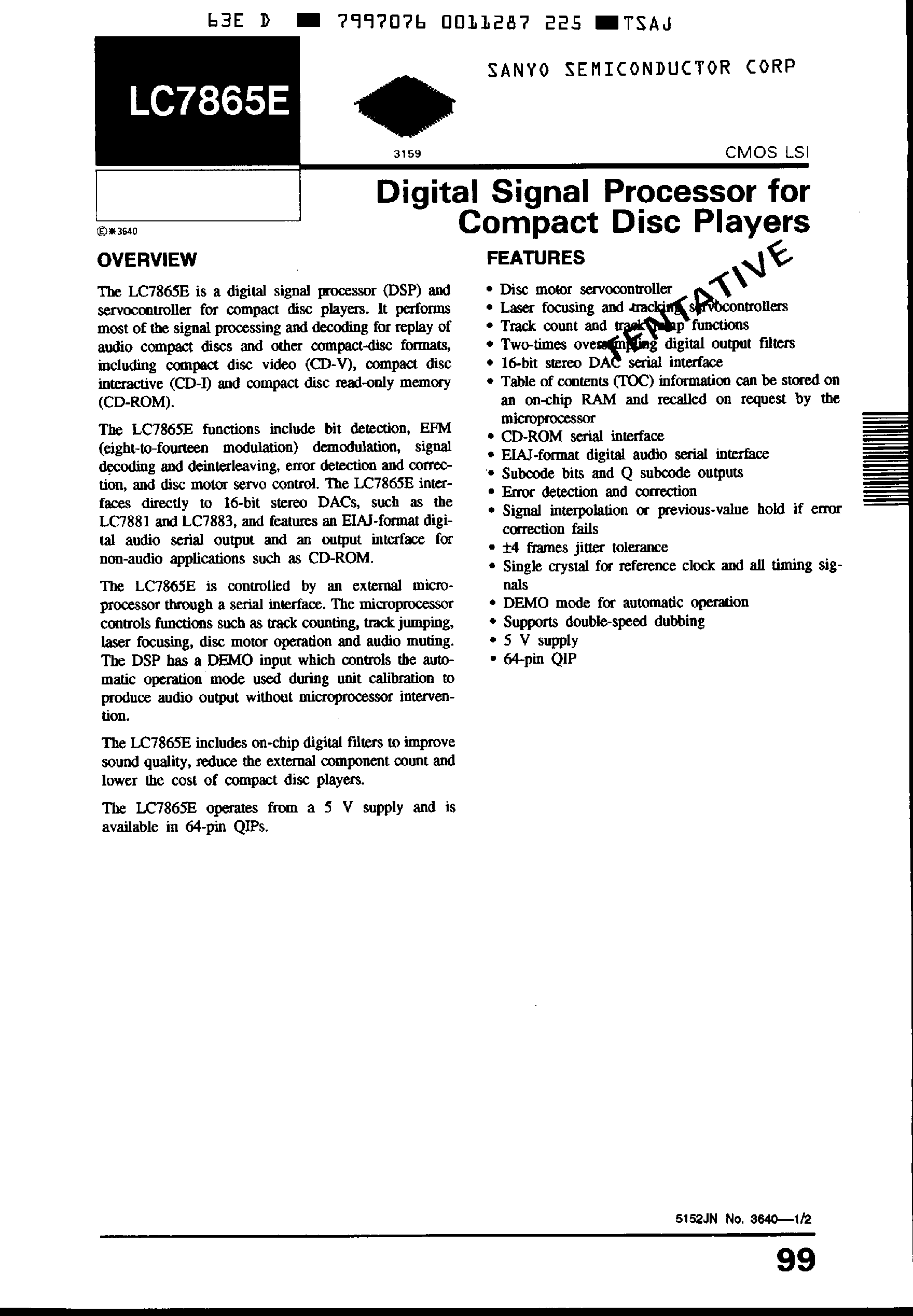 Datasheet LC7865E - Digital Signal Processor for CD Players page 1