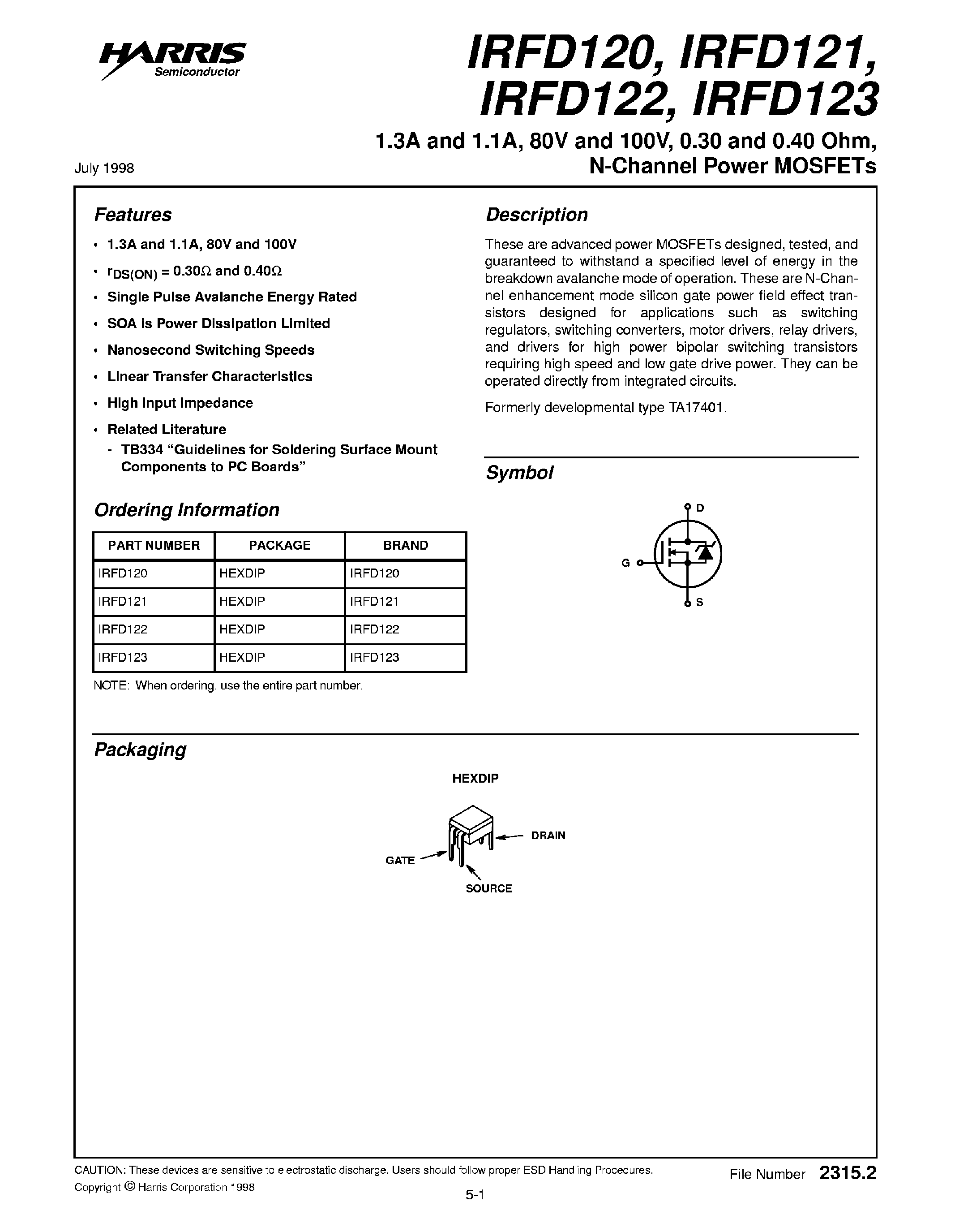 Datasheet IRFD120 - (IRFD120 / IRFD121 / IRFD122 / IRFD123) N-Channel Power MOSFETs page 1