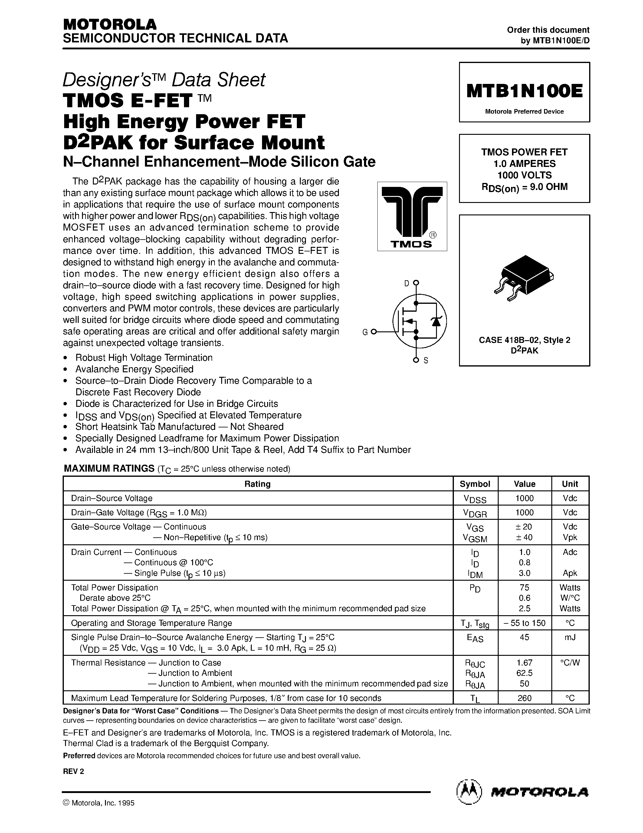 Datasheet MTB1N100E - TMOS POWER FET 1.0 AMPERES 1000 VOLTS page 1