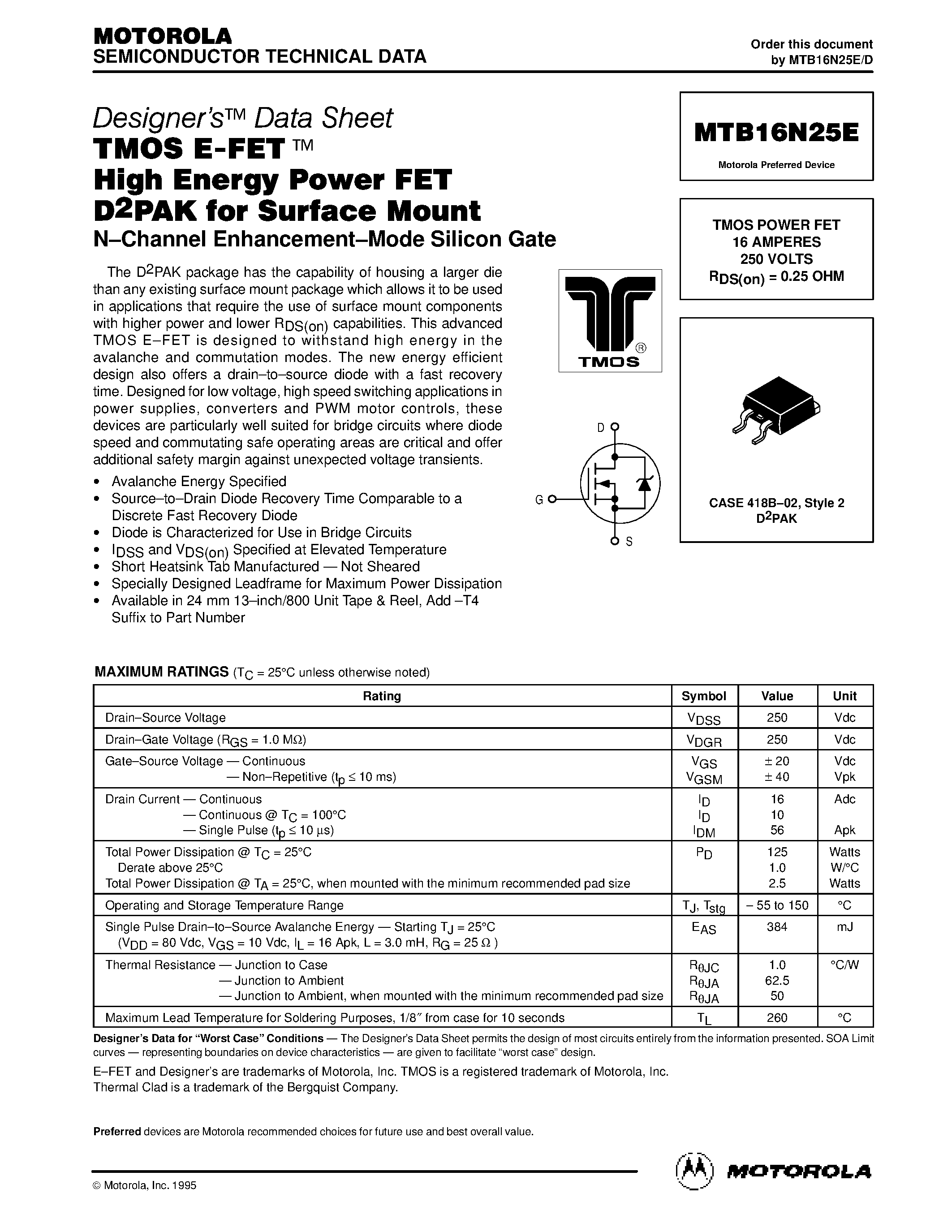 Datasheet MTB16N25E - TMOS POWER FET 16 AMPERES page 1