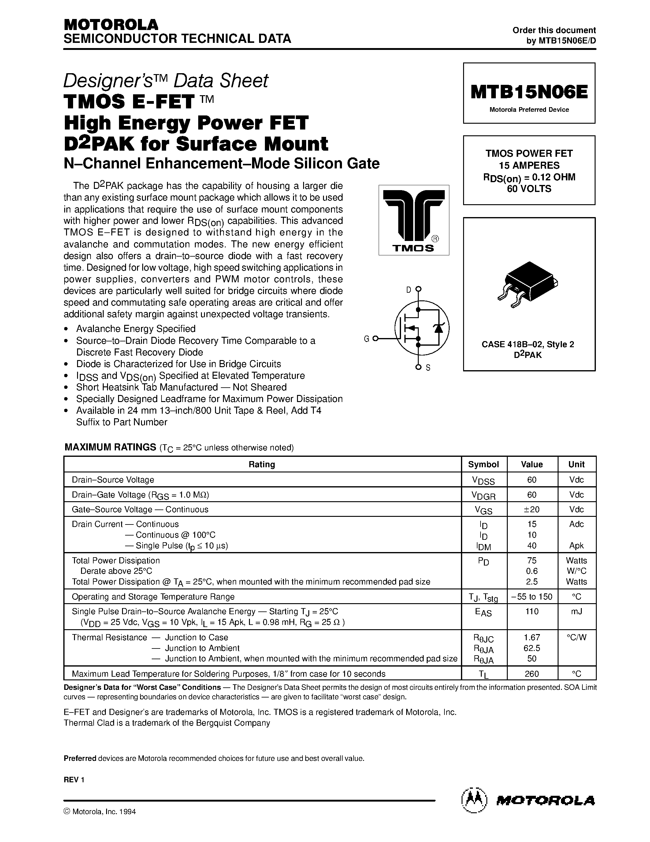 Datasheet MTB15N06E - TMOS POWER FET 15 AMPERES page 1