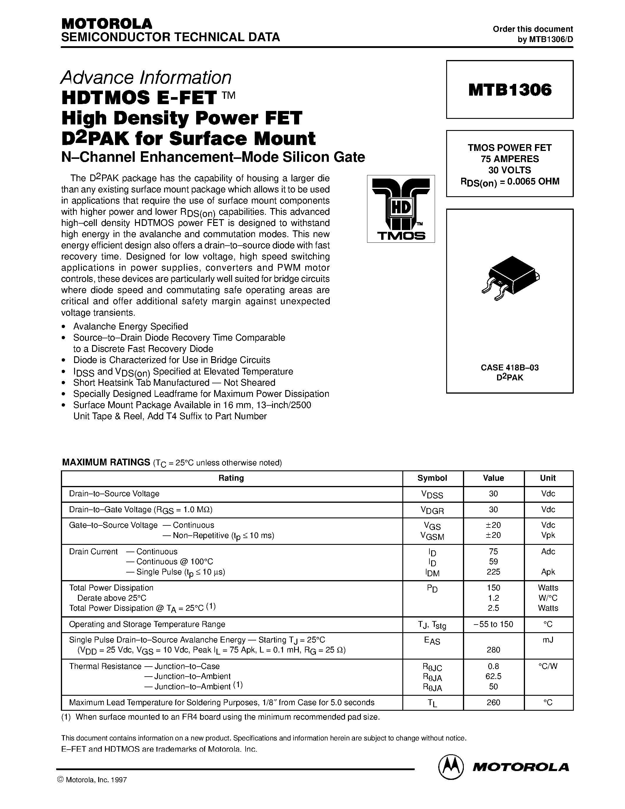 Datasheet MTB1306 - TMOS POWER FET 75 AMPERES page 1