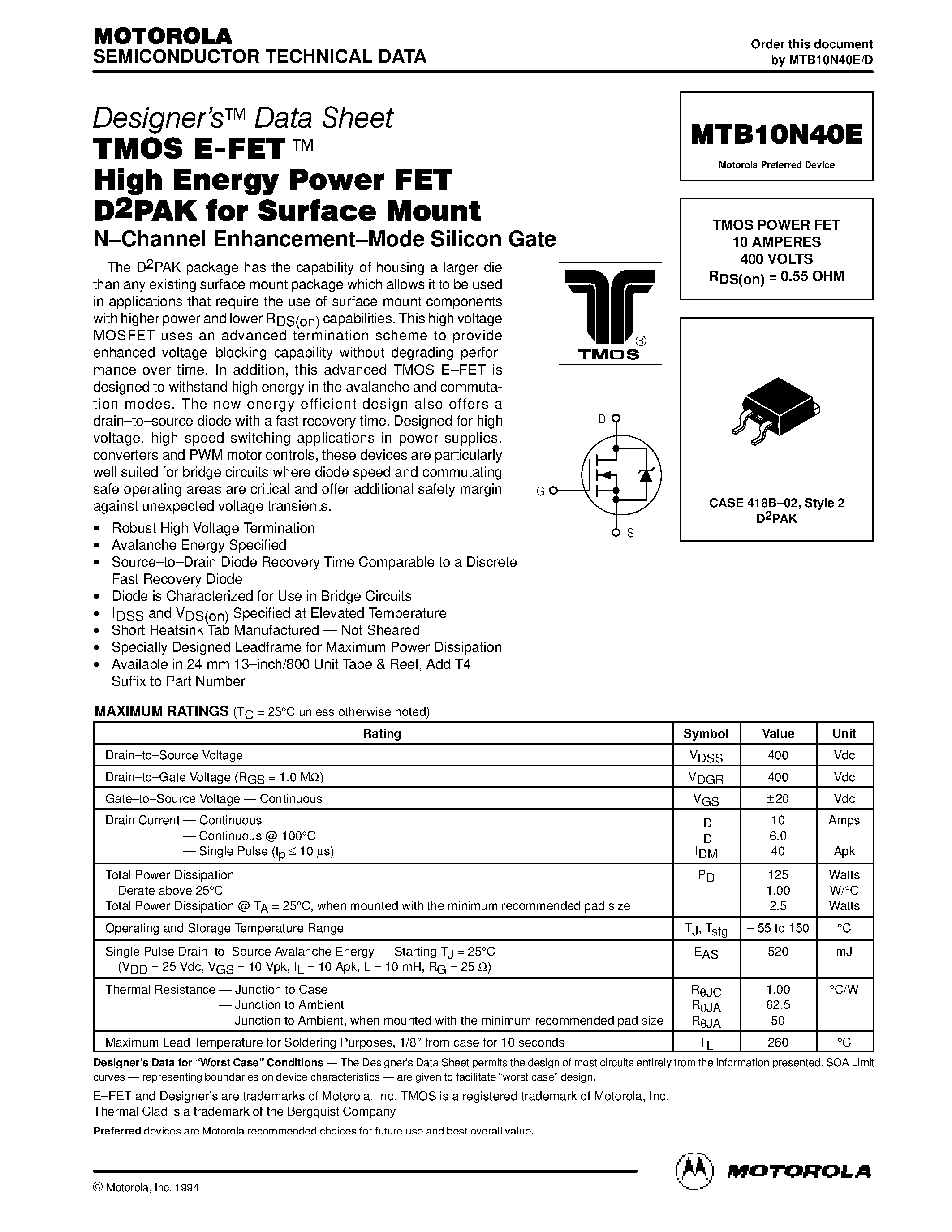 Datasheet MTB10N40E - TMOS POWER FET 10 AMPERES page 1