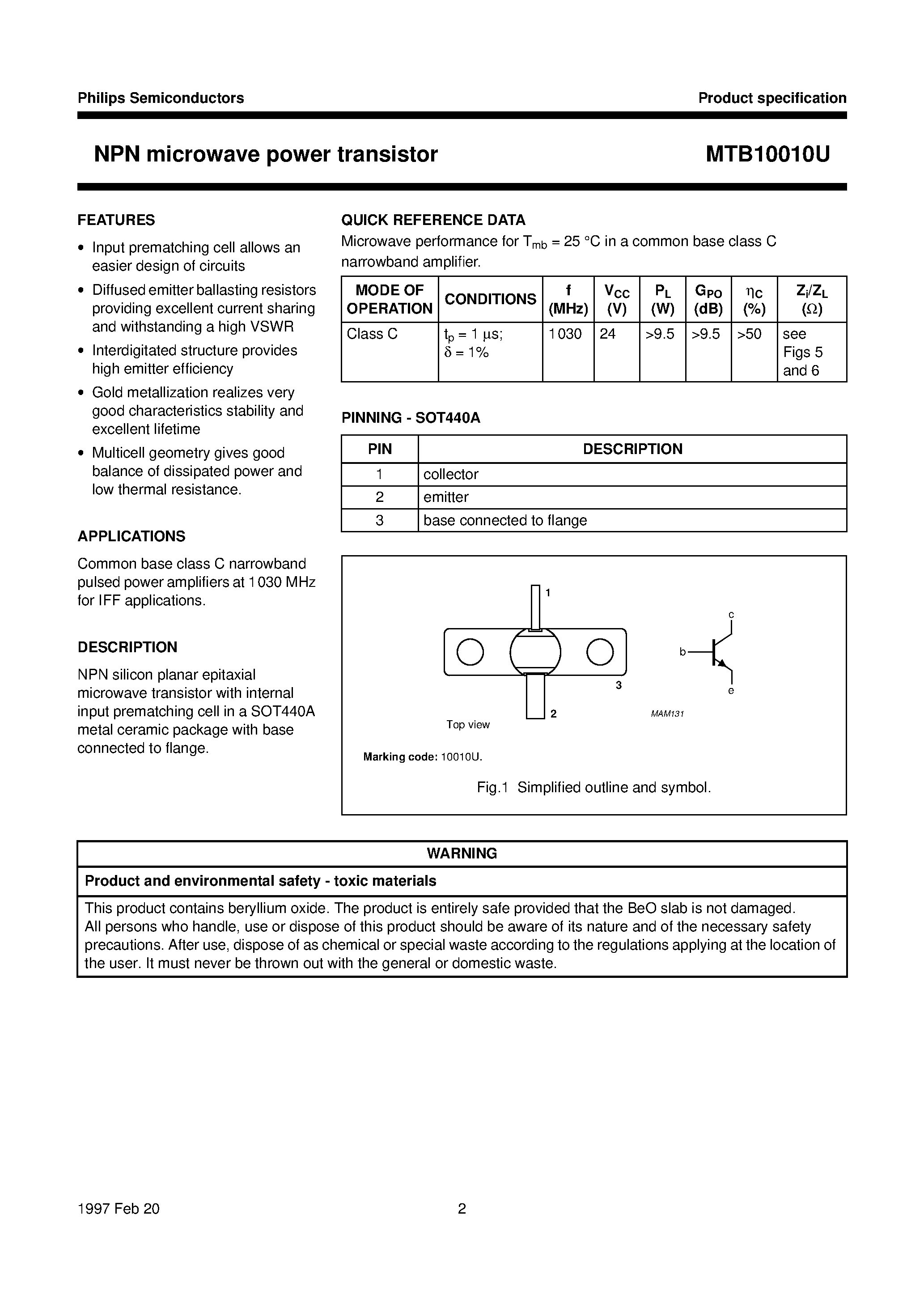 Datasheet MTB10010U - NPN microwave power transistor page 2