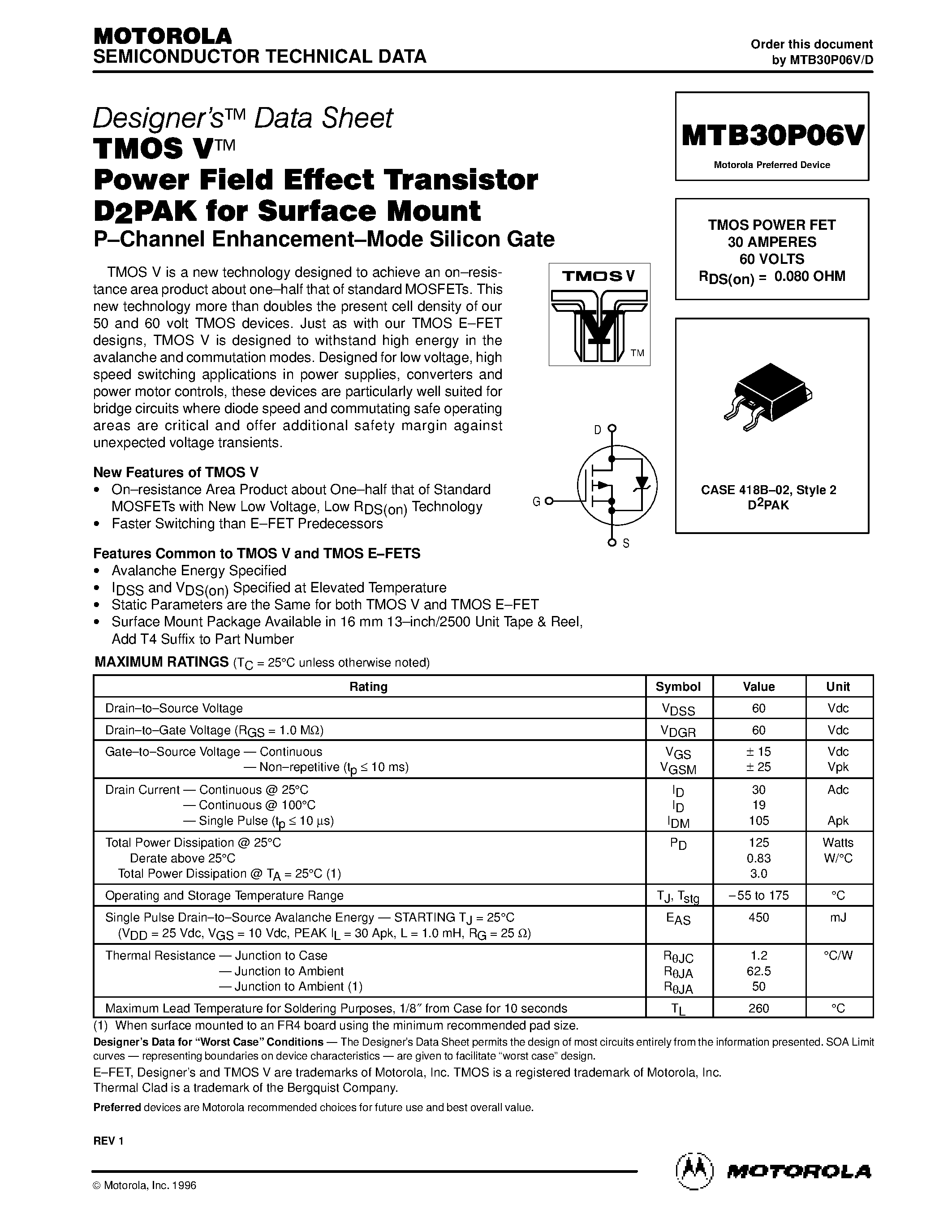 Datasheet MTB30P06V - TMOS POWER FET 30 AMPERES 60 VOLTS page 1