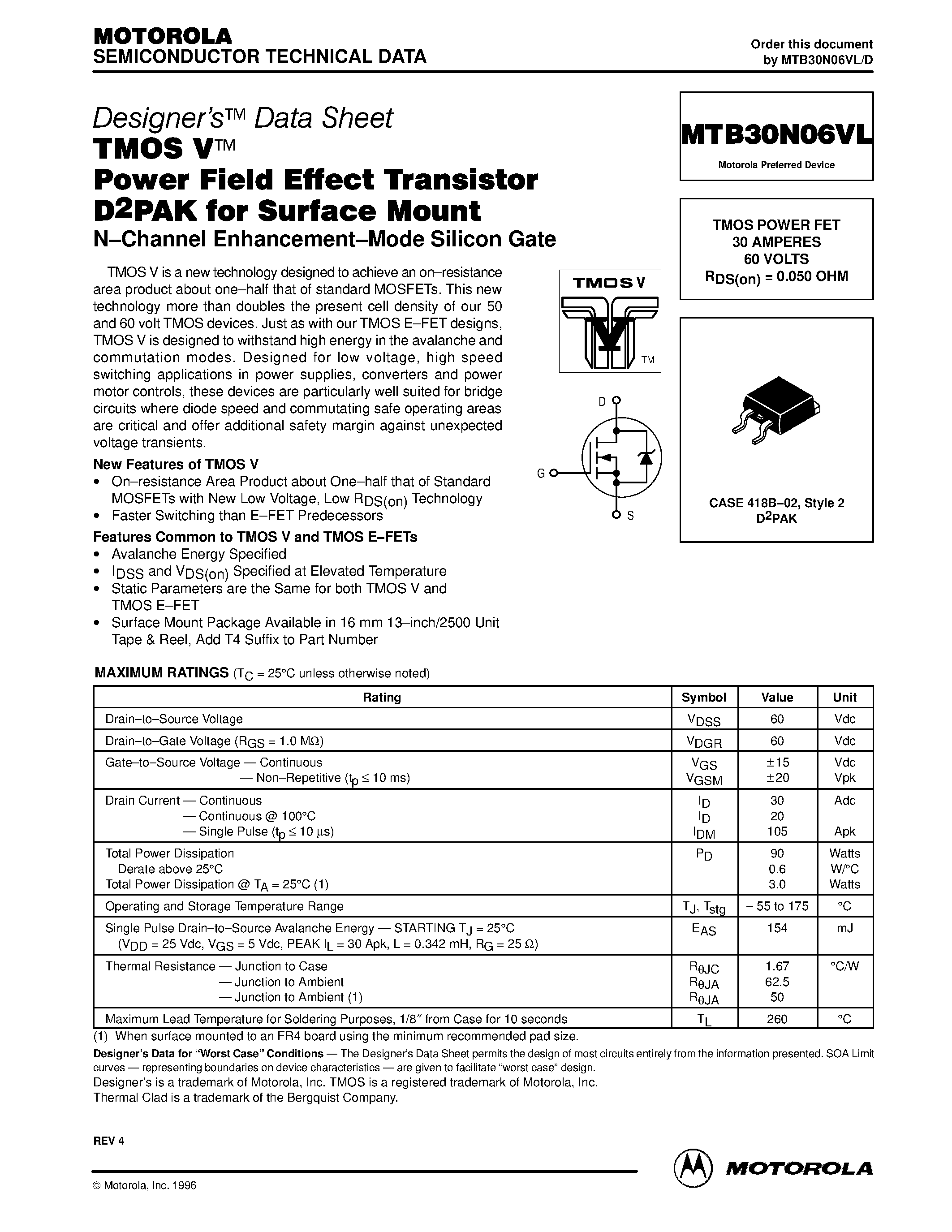 Datasheet MTB30N06VL - TMOS POWER FET 30 AMPERES 60 VOLTS page 1