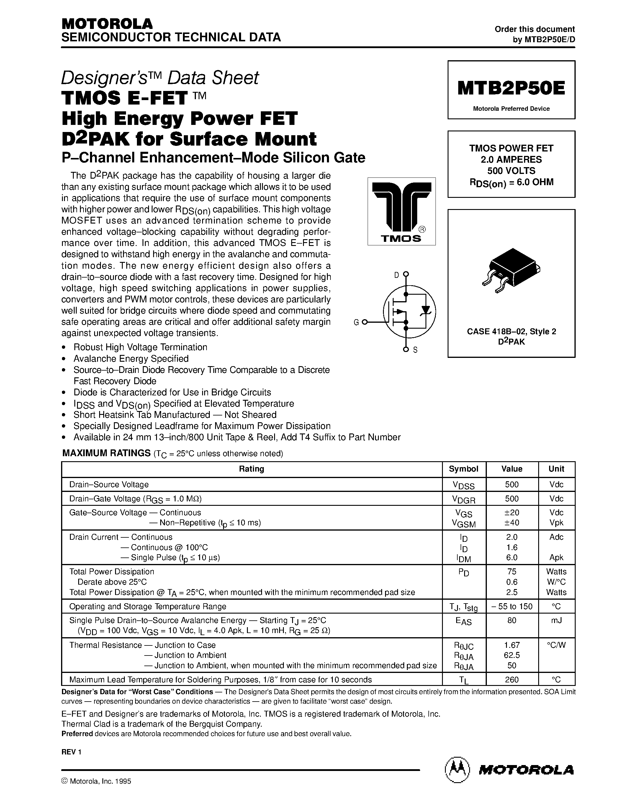 Даташит MTB2P50E - TMOS POWER FET 2.0 AMPERES 500 VOLTS страница 1