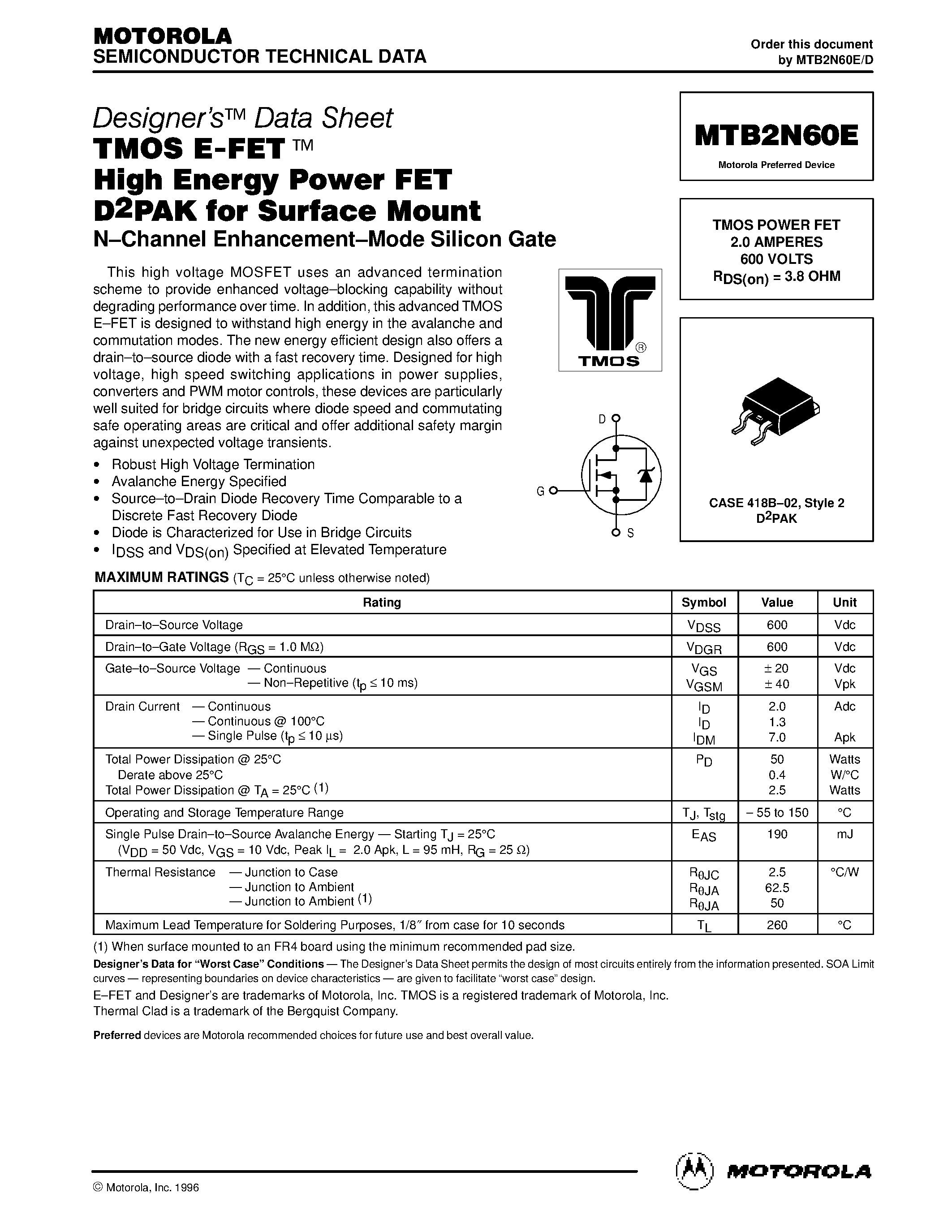 Datasheet MTB2N60E - TMOS POWER FET 2.0 AMPERES 600 VOLTS page 1