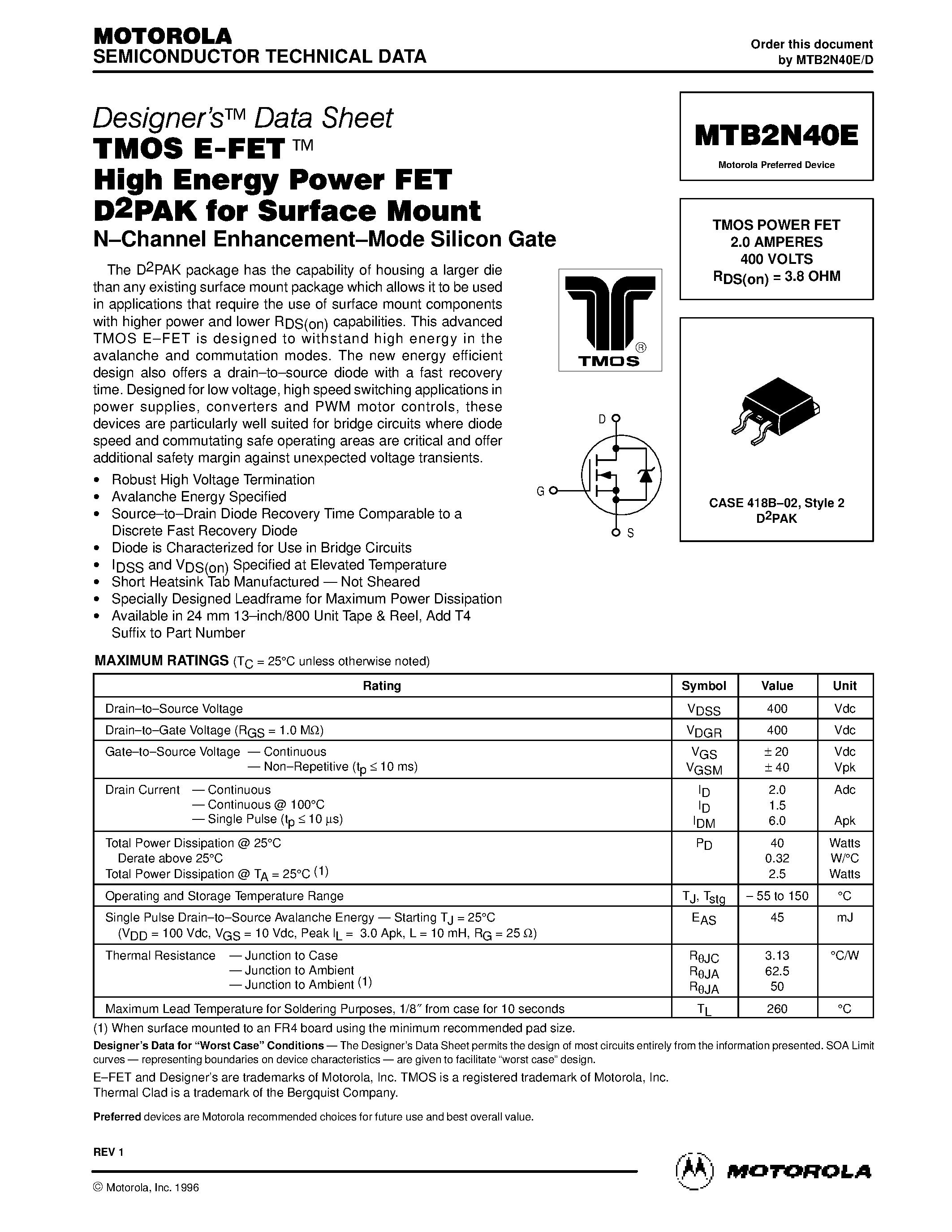 Datasheet MTB2N40E - TMOS POWER FET 2.0 AMPERES 400 VOLTS page 1
