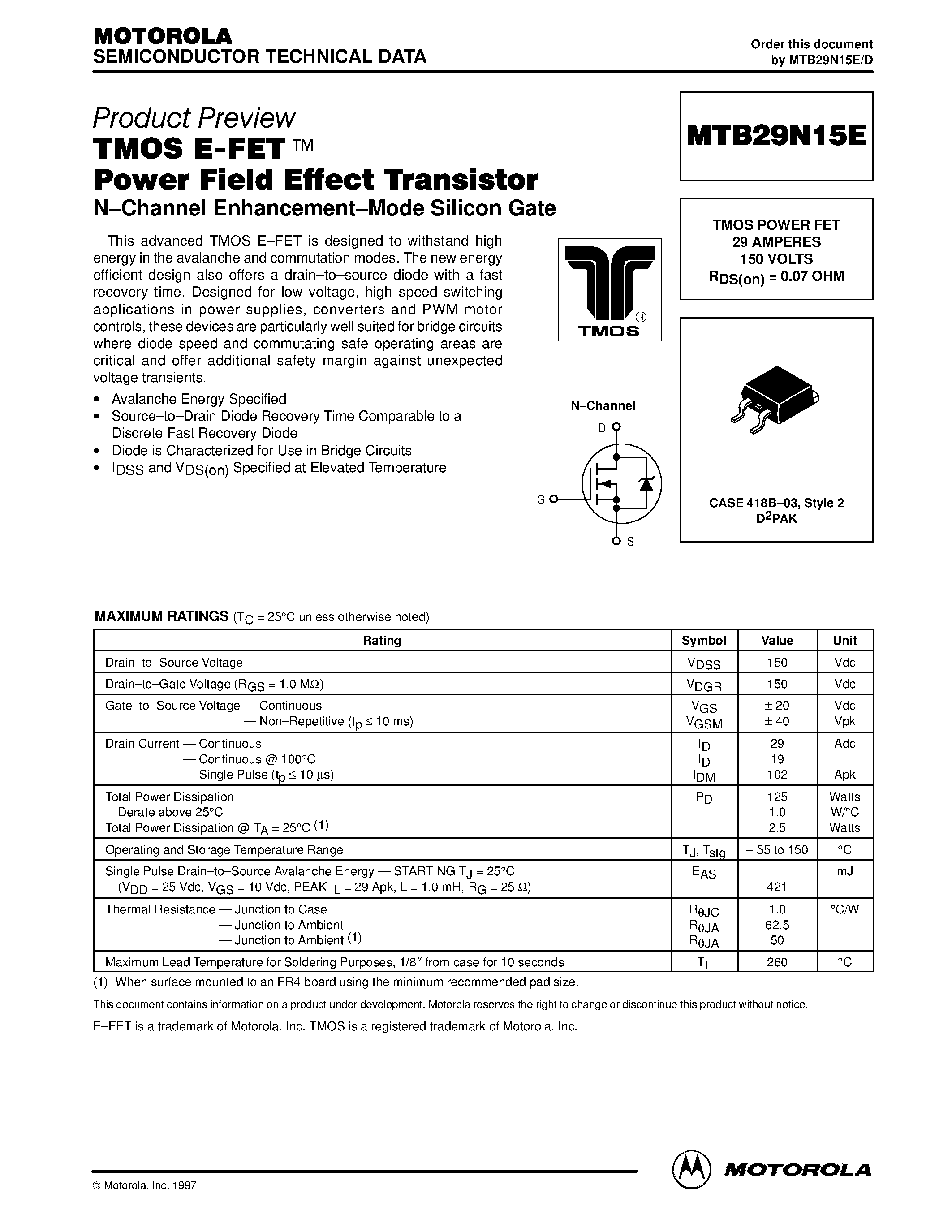 Datasheet MTB29N15E - TMOS POWER FET 29 AMPERES 150 VOLTS page 1