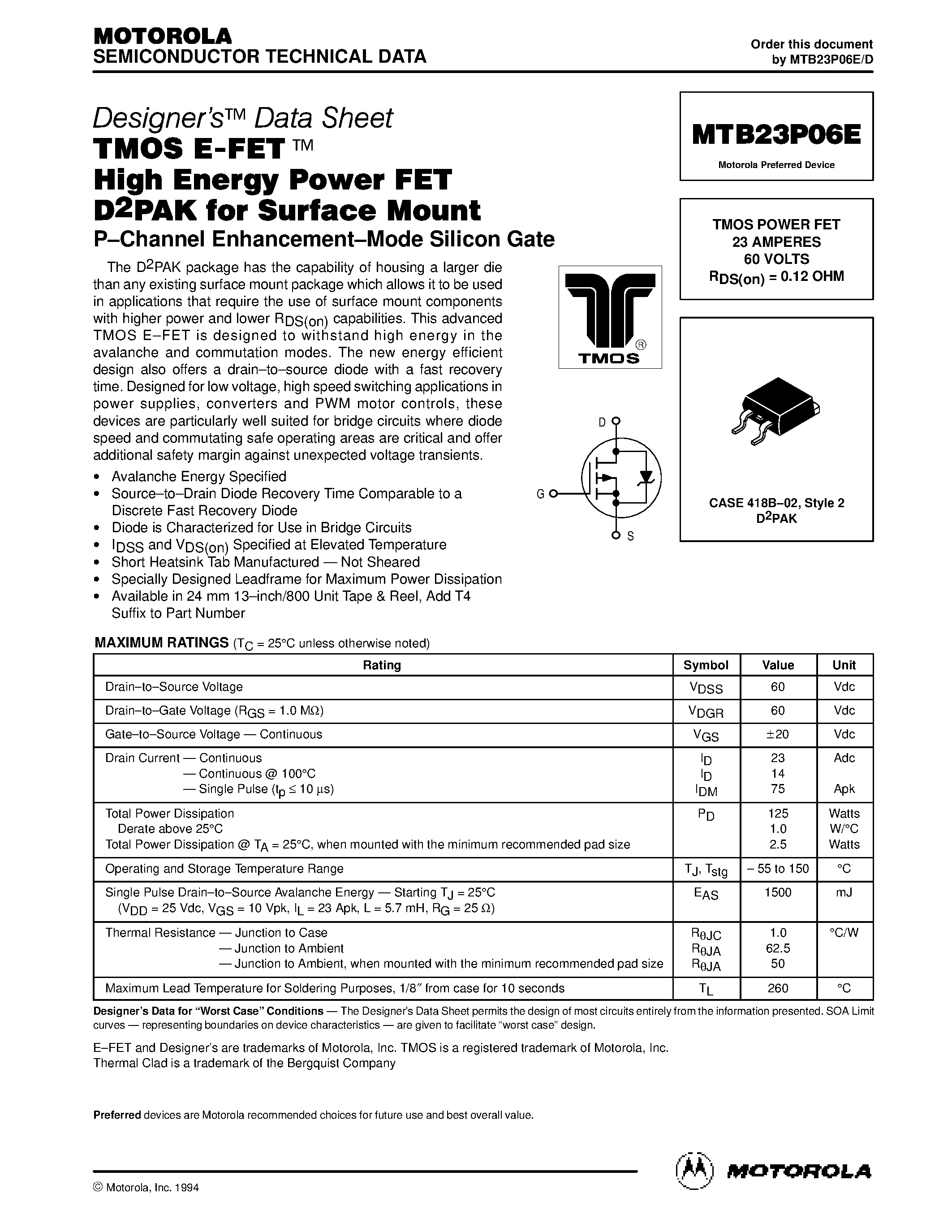 Даташит MTB23P06E - TMOS POWER FET 23 AMPERES 60 VOLTS страница 1