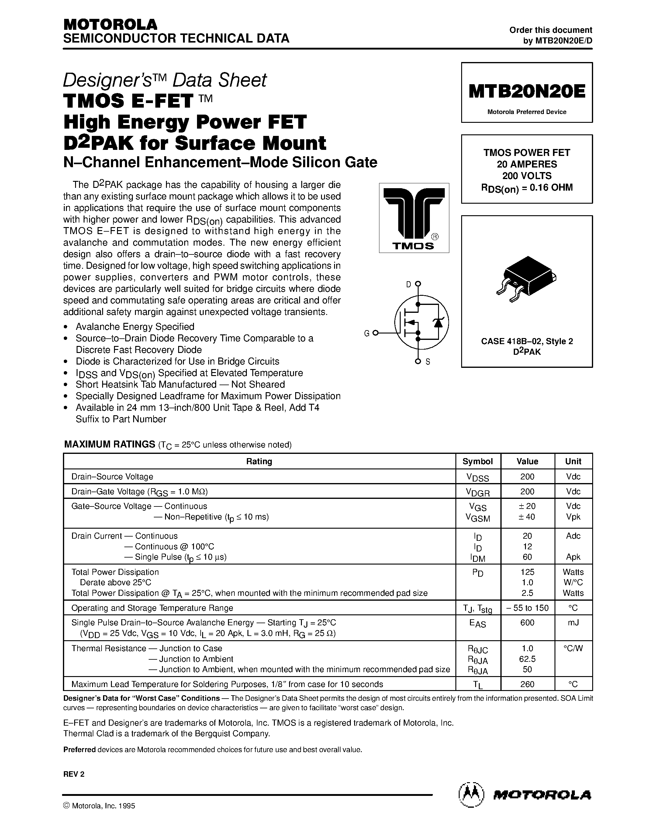 Datasheet MTB20N20E - TMOS POWER FET 20 AMPERES 200 VOLTS page 1