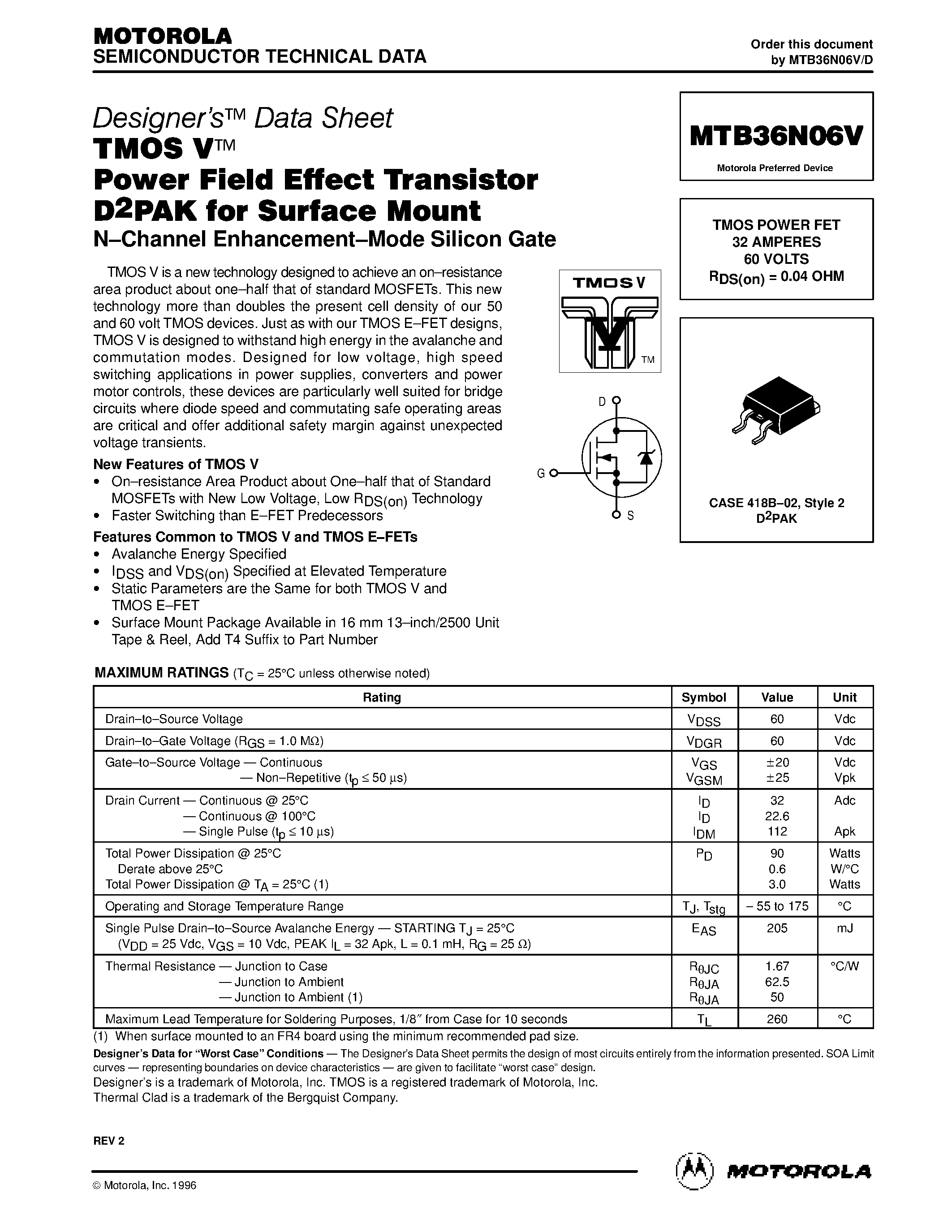 Datasheet MTB36N06V - TMOS POWER FET 32 AMPERES 60 VOLTS page 1