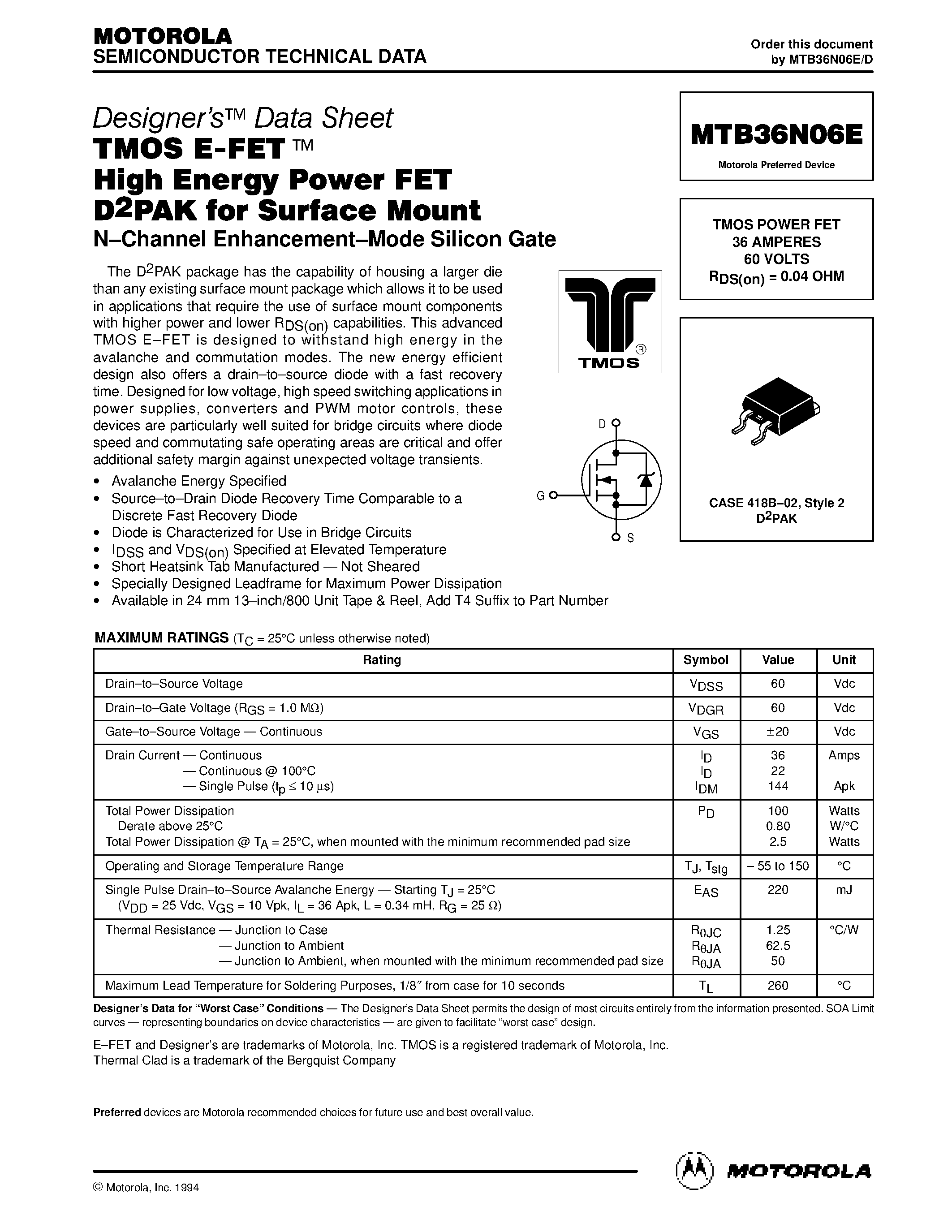 Datasheet MTB36N06E - TMOS POWER FET 36 AMPERES 60 VOLTS page 1