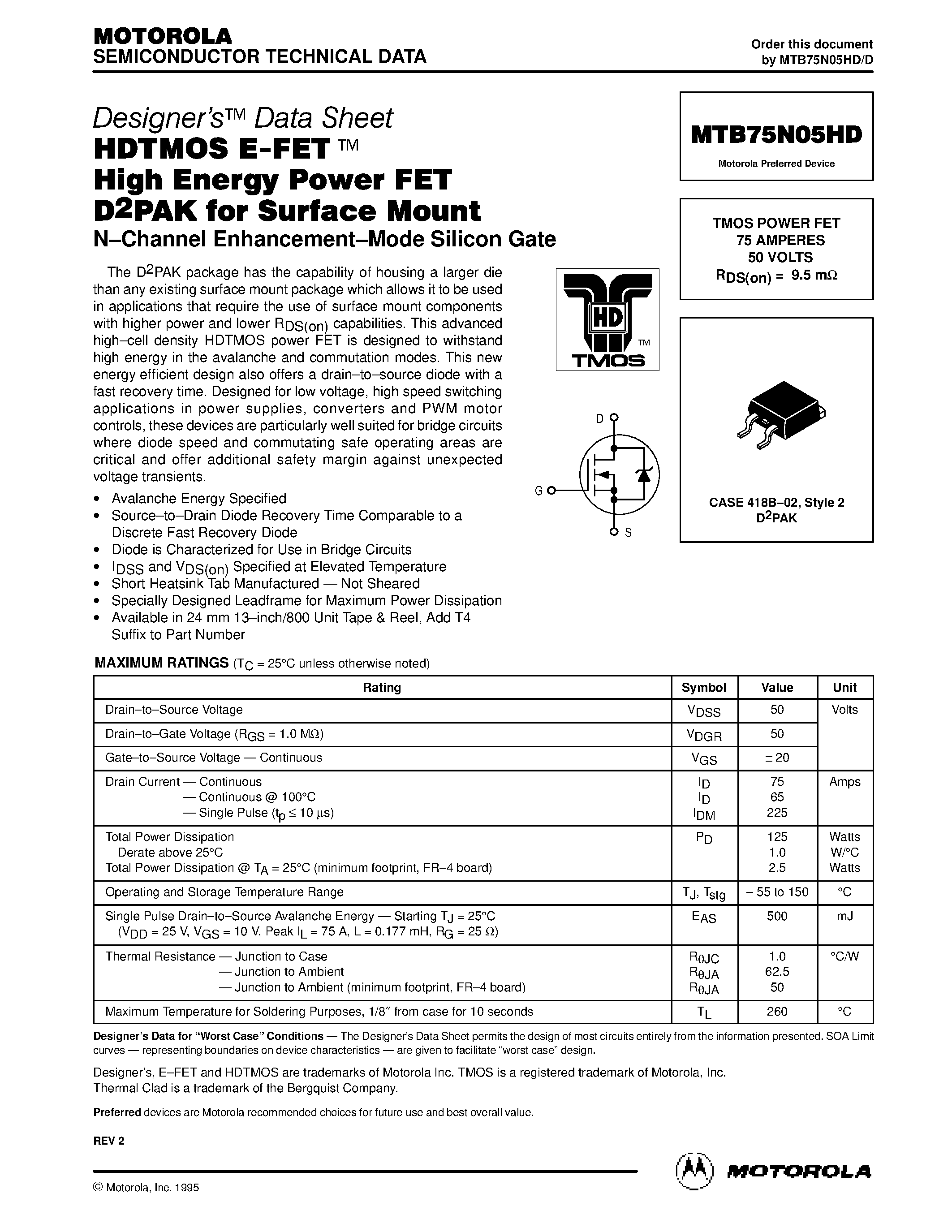 Даташит MTB75N05HD - TMOS POWER FET 75 AMPERES 50 VOLTS страница 1