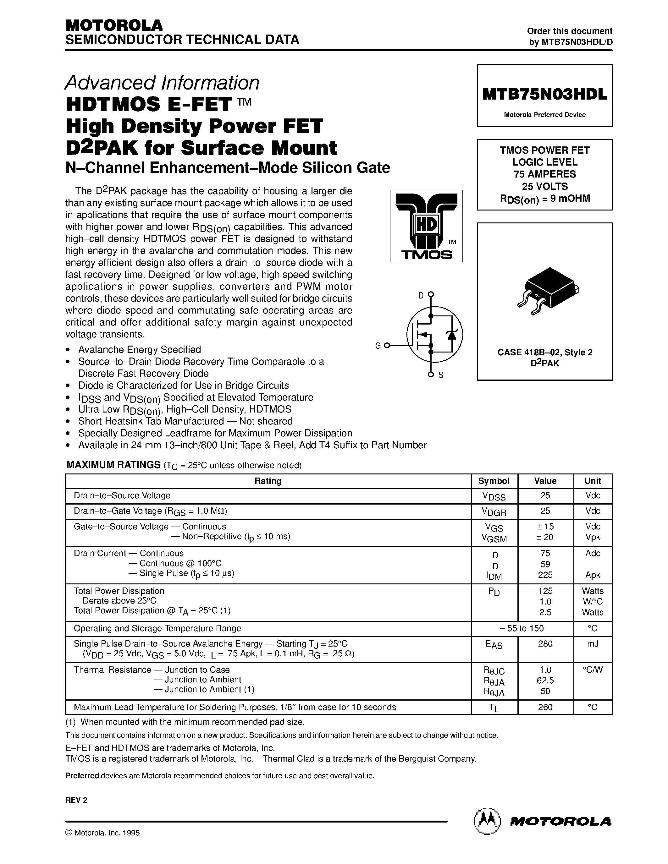 Datasheet MTB75N03HDL - TMOS POWER FET LOGIC LEVEL 75 AMPERES 25 VOLTS page 1