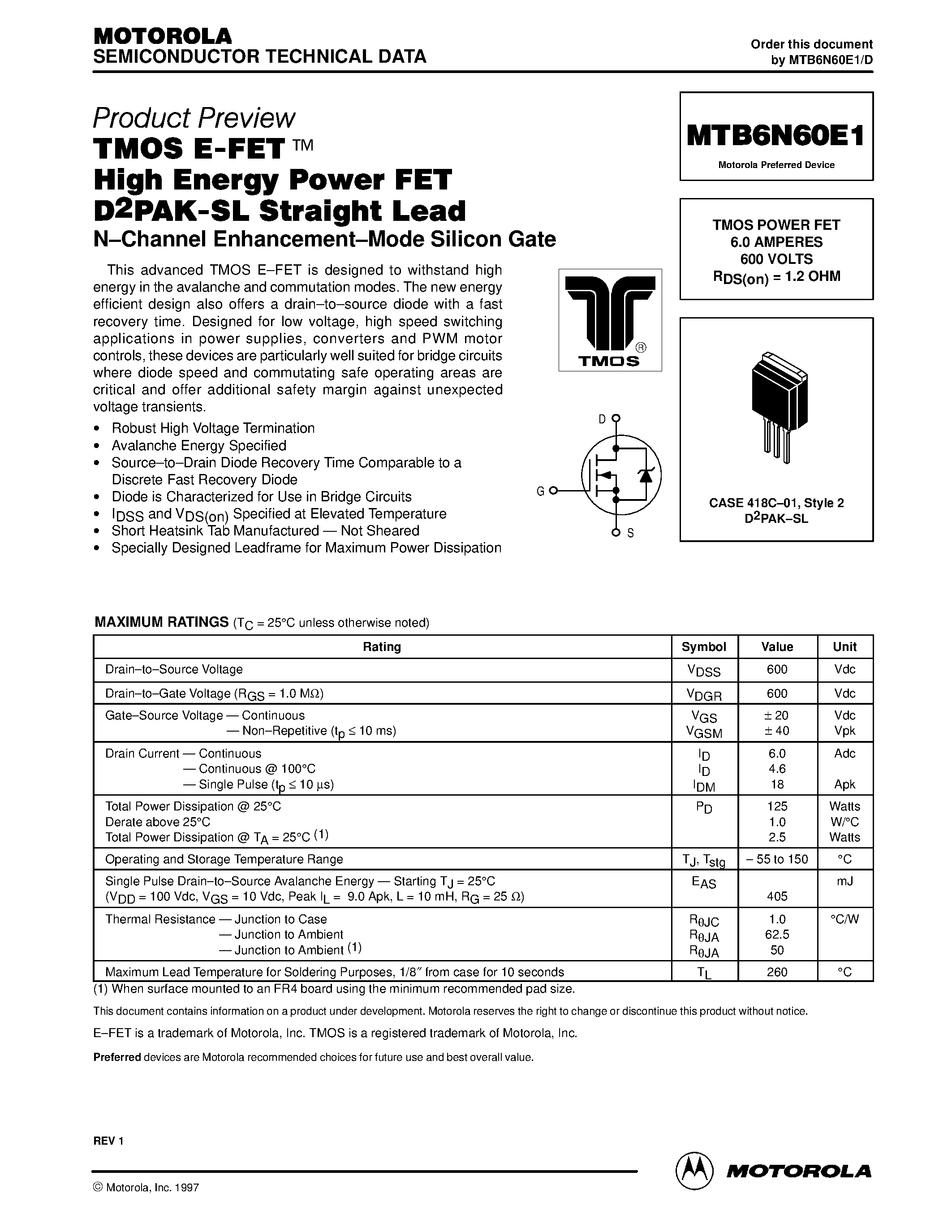 Даташит MTB6N60E1 - TMOS POWER FET 6.0 AMPERES 600 VOLTS страница 1