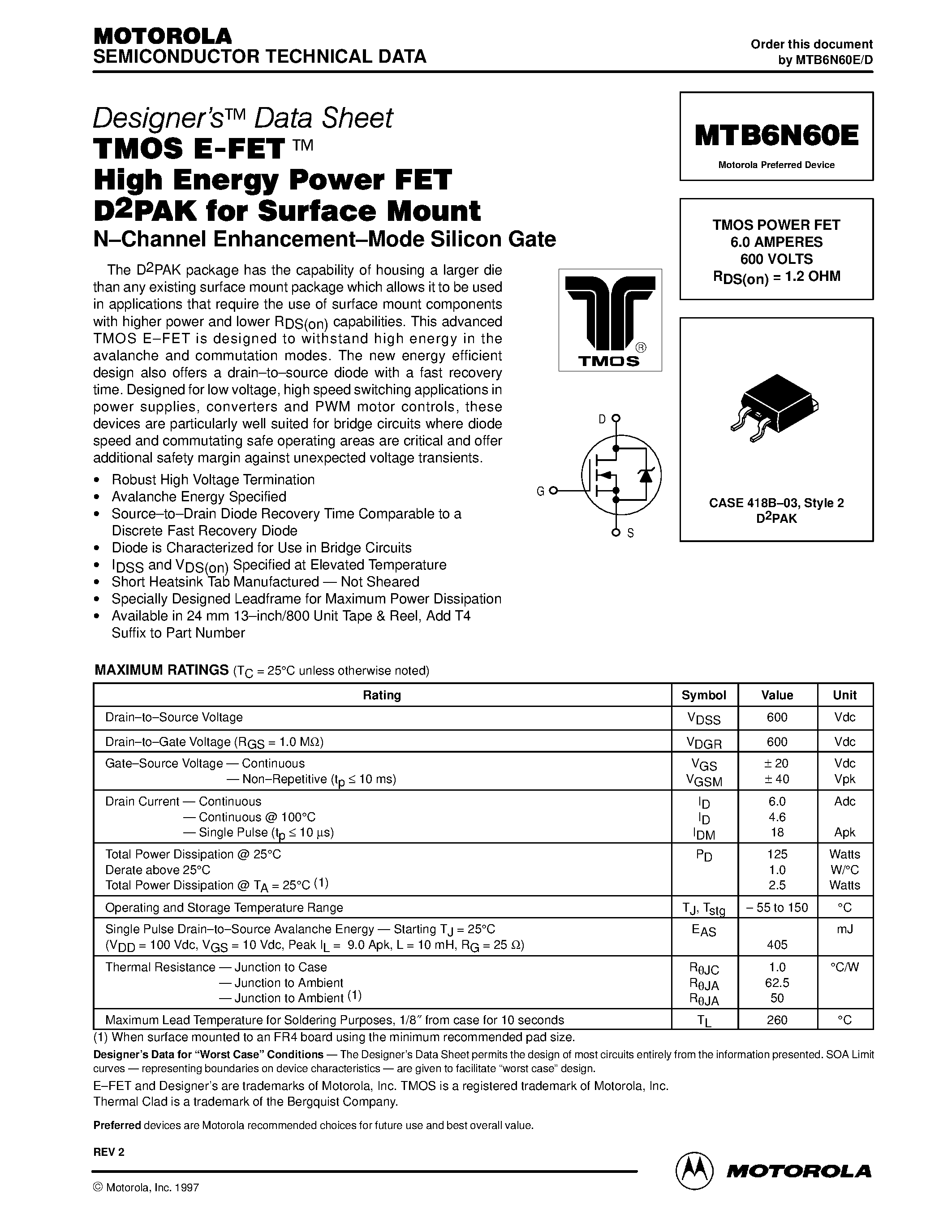 Datasheet MTB6N60E - TMOS POWER FET 6.0 AMPERES 600 VOLTS page 1