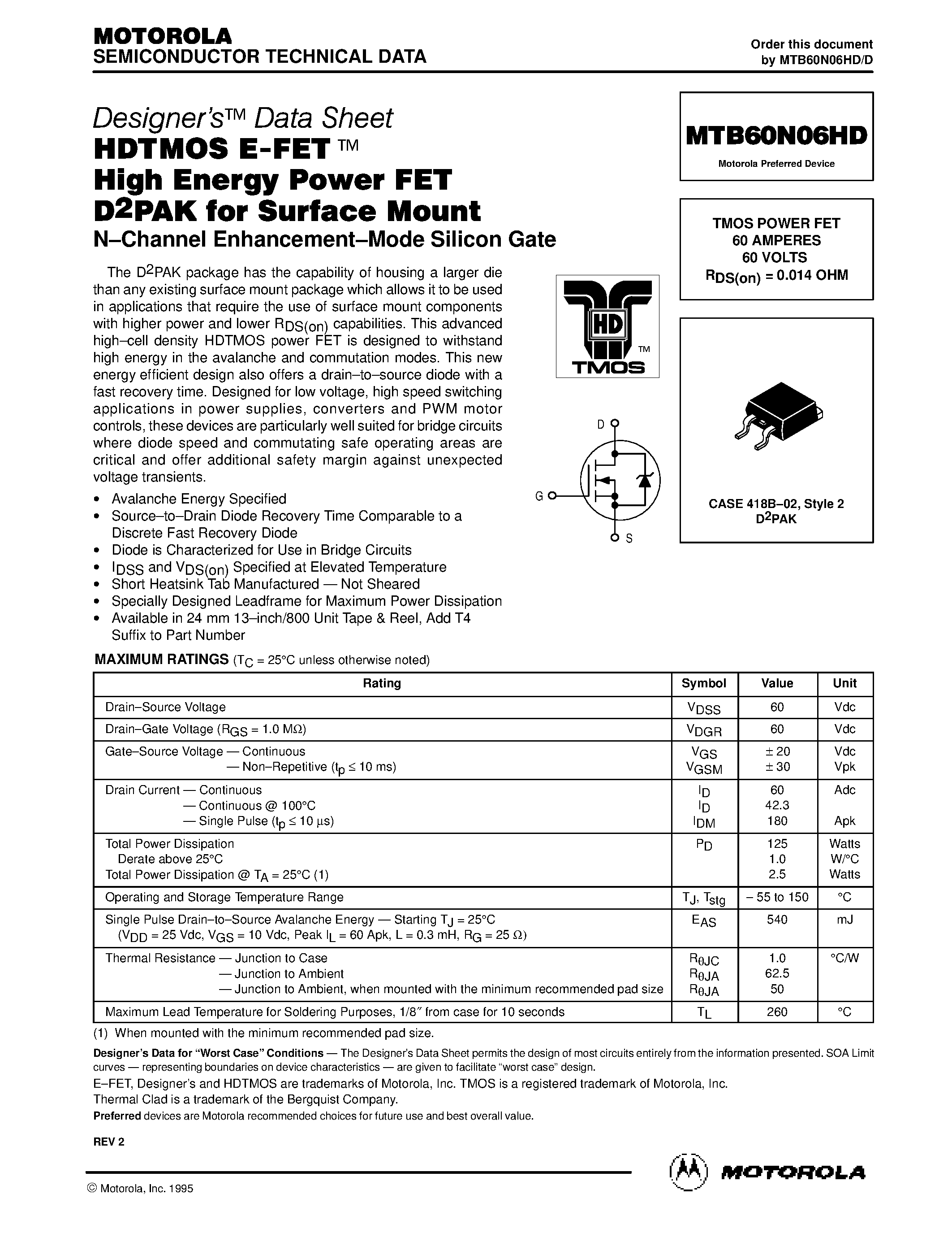 Даташит MTB60N06HD - TMOS POWER FET 60 AMPERES 60 VOLTS страница 1
