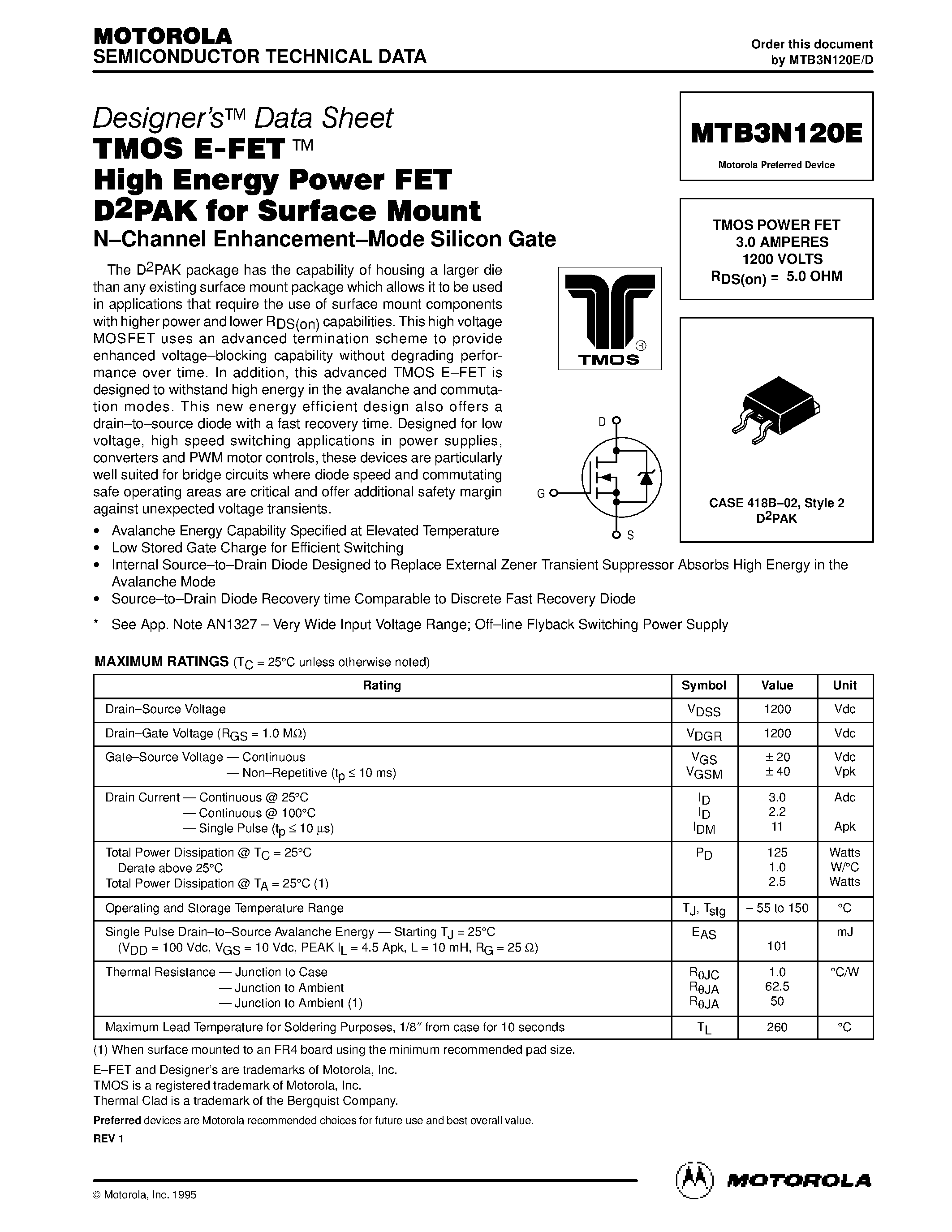 Даташит MTB3N120E - TMOS POWER FET 3.0 AMPERES 1200 VOLTS страница 1