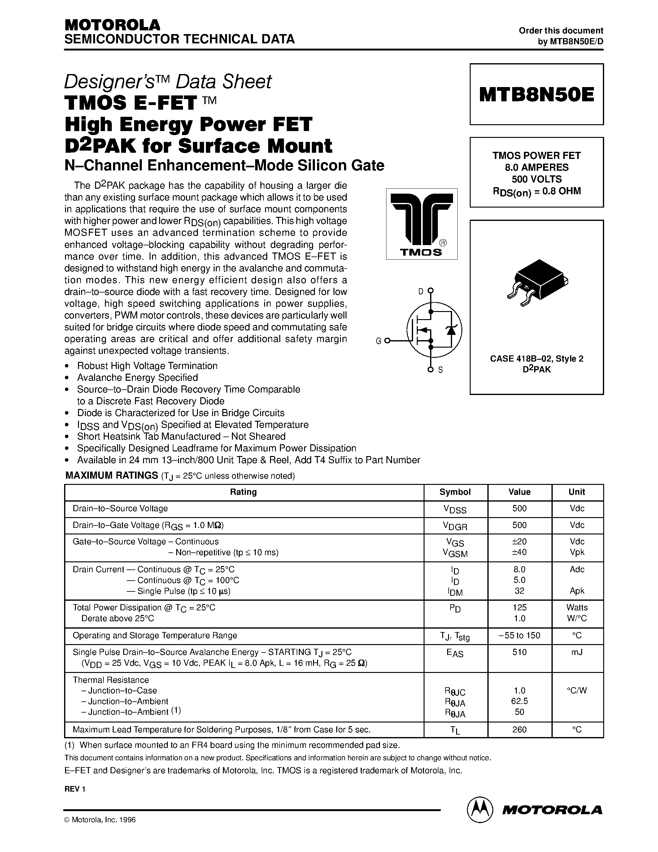 Datasheet MTB8N50E - TMOS POWER FET 8.0 AMPERES 500 VOLTS page 1