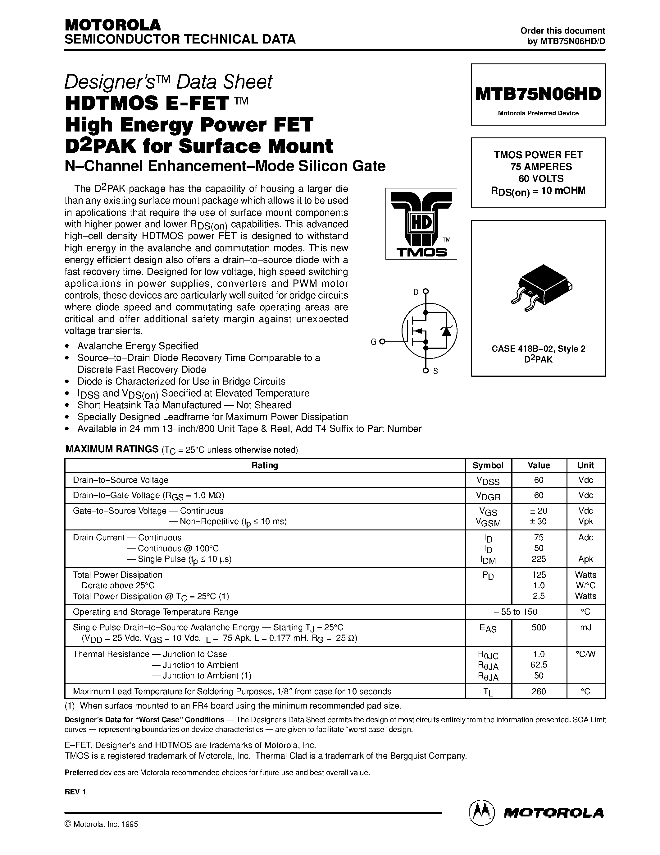 Datasheet MTB75N06HD - TMOS POWER FET 75 AMPERES 60 VOLTS page 1