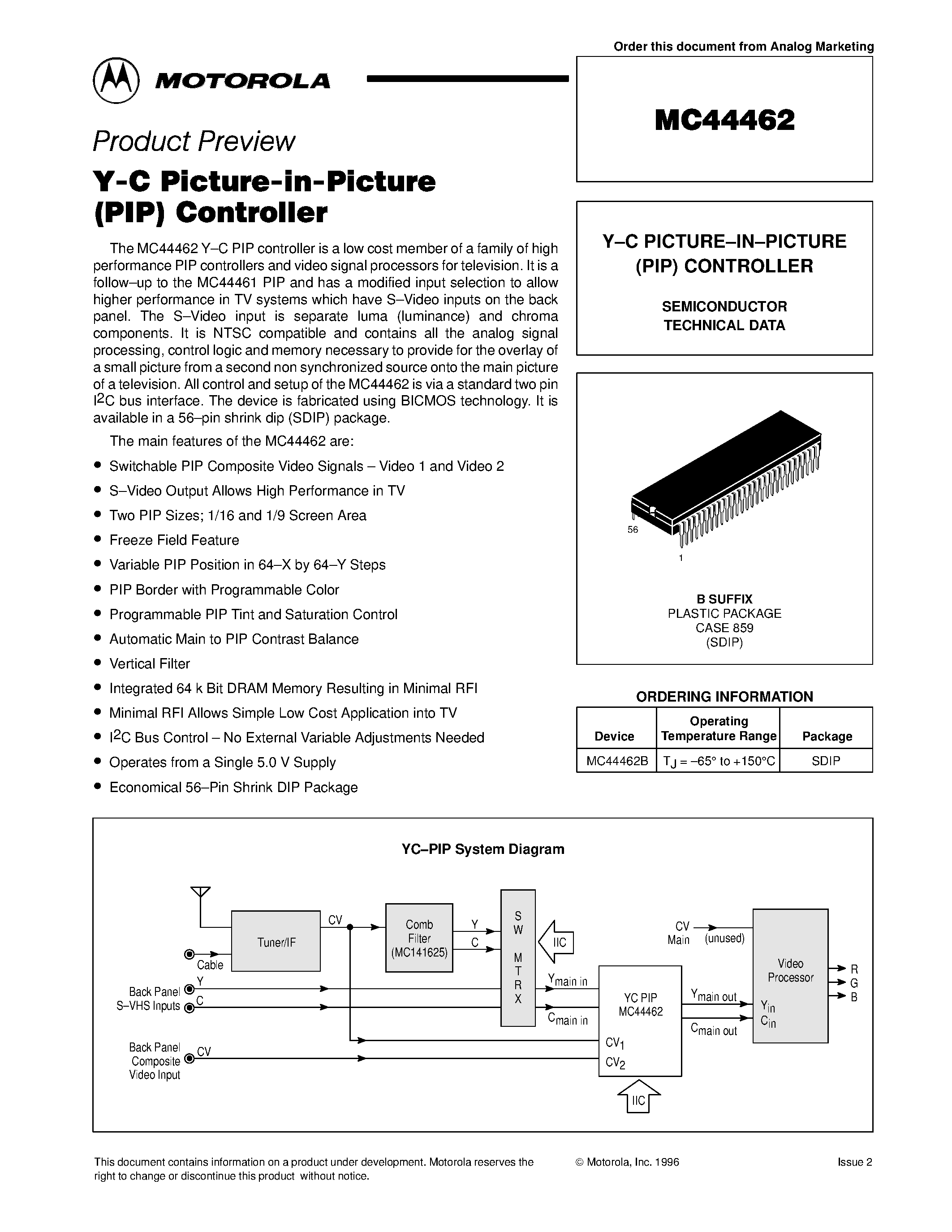 Datasheet MC44462 - Y-C PICTURE-IN-PICTURE (PIP) CONTROLLER page 1