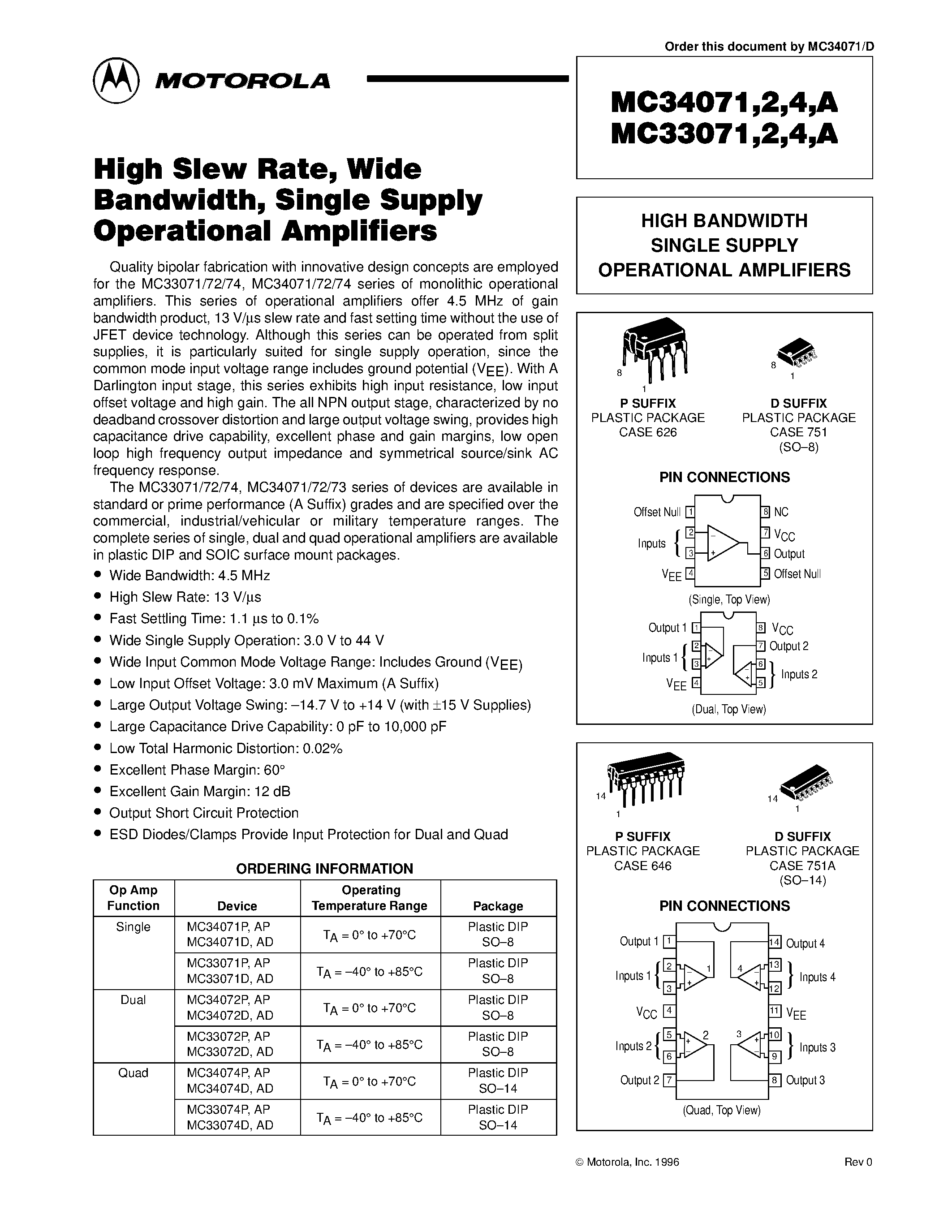 Даташит MC33071 - (MC33071 / MC33072 / MC33074) HIGH BANDWIDTH SINGLE SUPPLY OPERATIONAL AMPLIFIERS страница 1