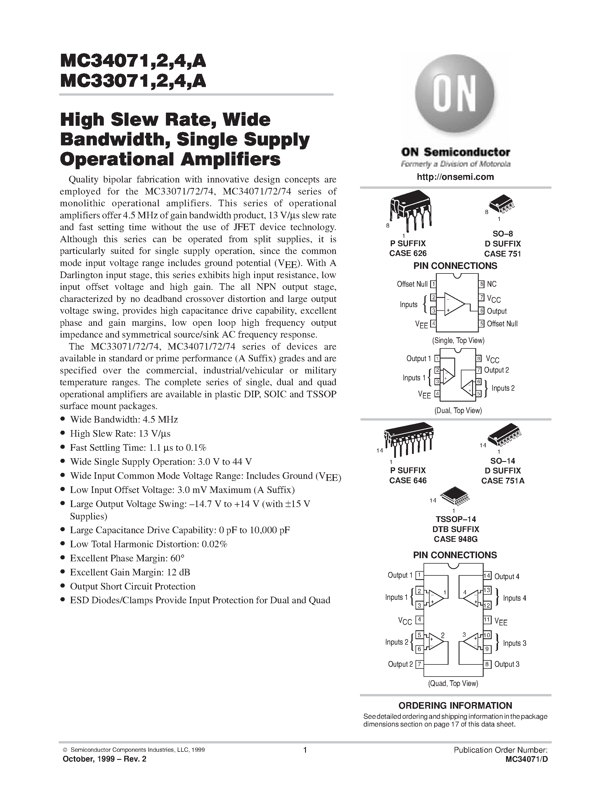 Даташит MC33071 - (MC33071 / MC33072 / MC33074) High Slew Rate / Wide Bandwidth / Single Supply Operational Amplifiers страница 1