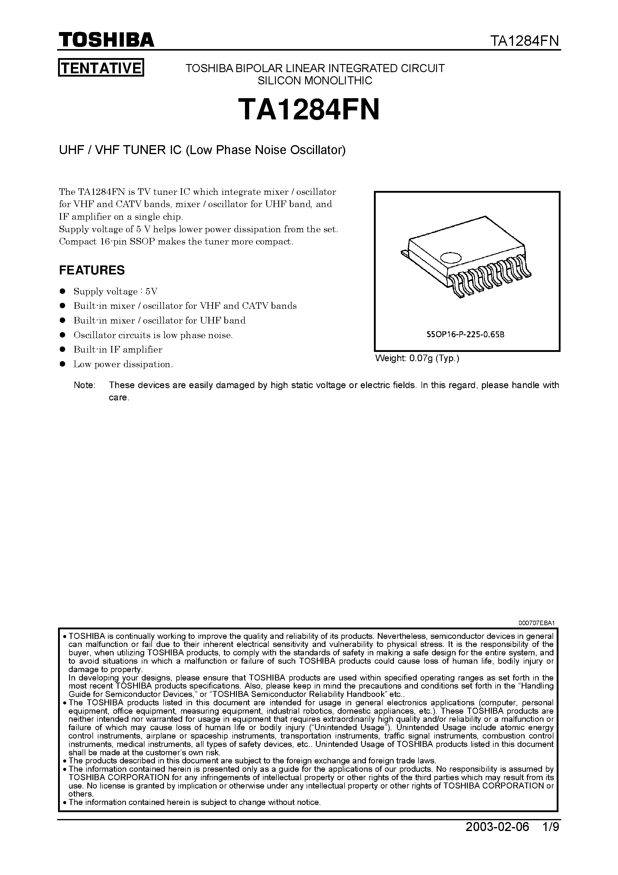 Datasheet TA1284FN - UHF / VHF Tuner IC page 1