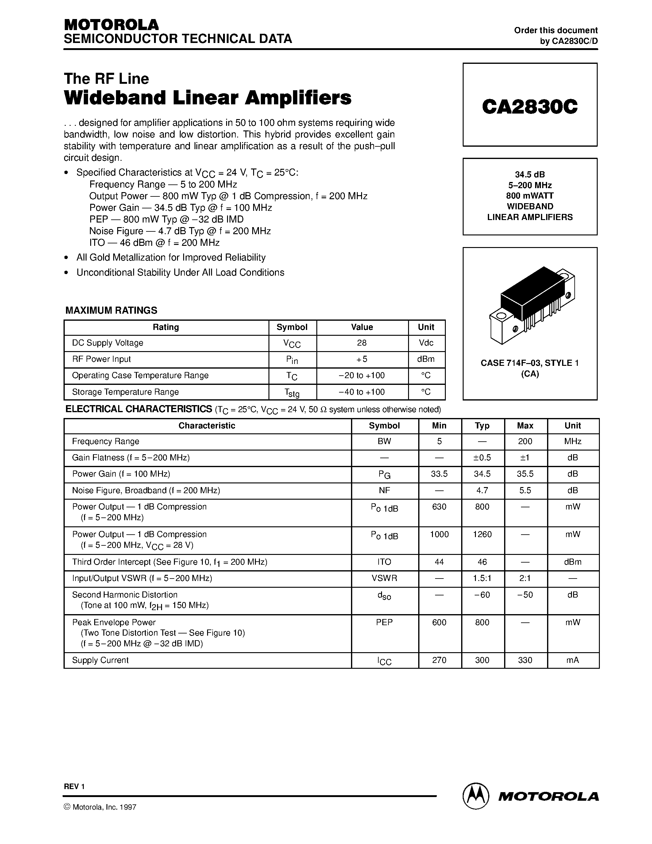 Datasheet CA2830C - 34.5 dB 5-200 MHz 800 mWATT WIDEBAND LINEAR AMPLIFIERS page 1