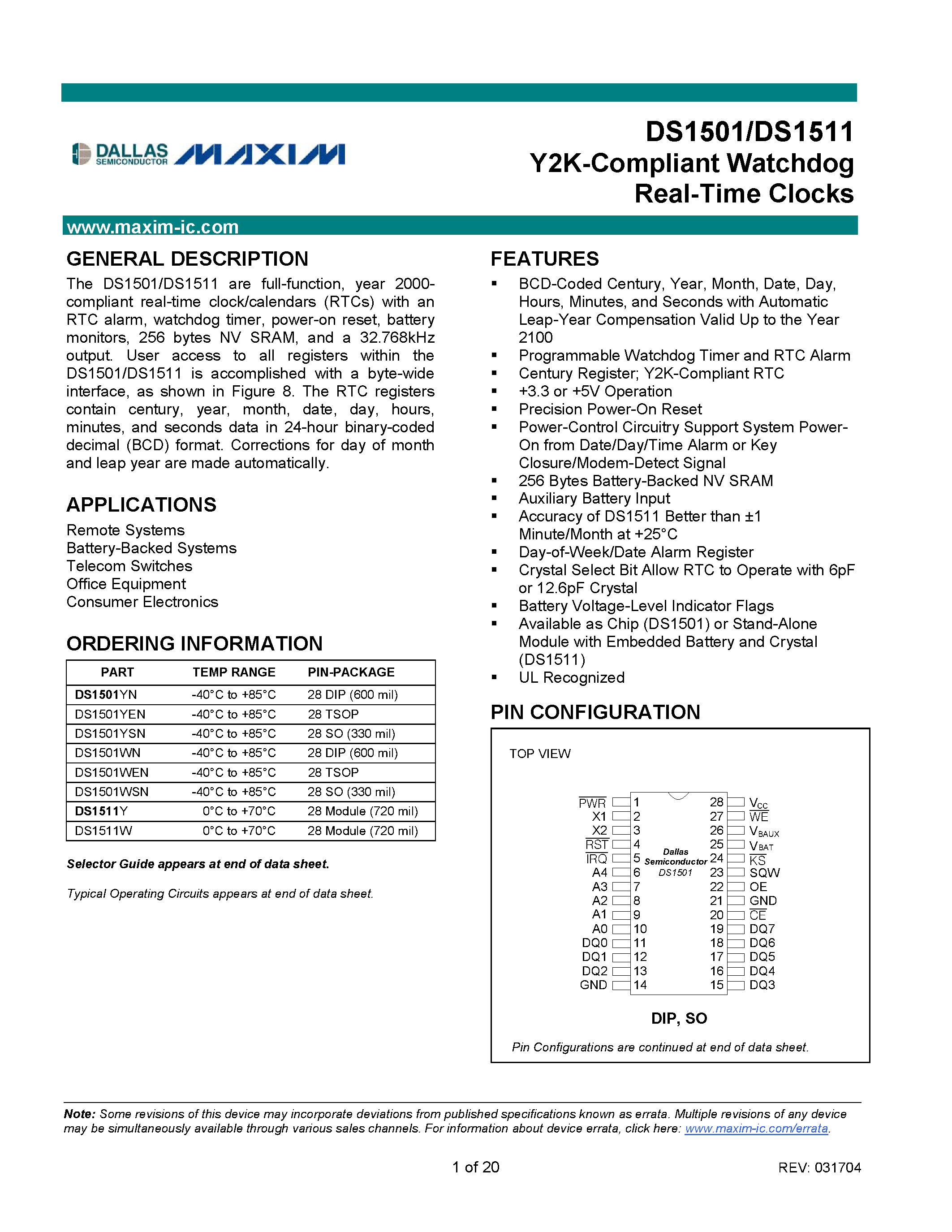 Datasheet DS1501 - (DS1501 / DS1511) Y2K-Compliant Watchdog Real-Time Clocks page 1
