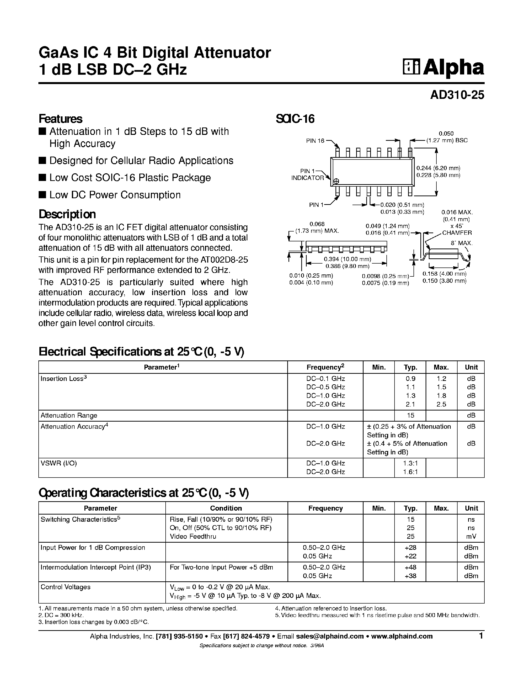 Datasheet AD310-25 - GaAs IC 4-Bit Digital Attenuator page 1