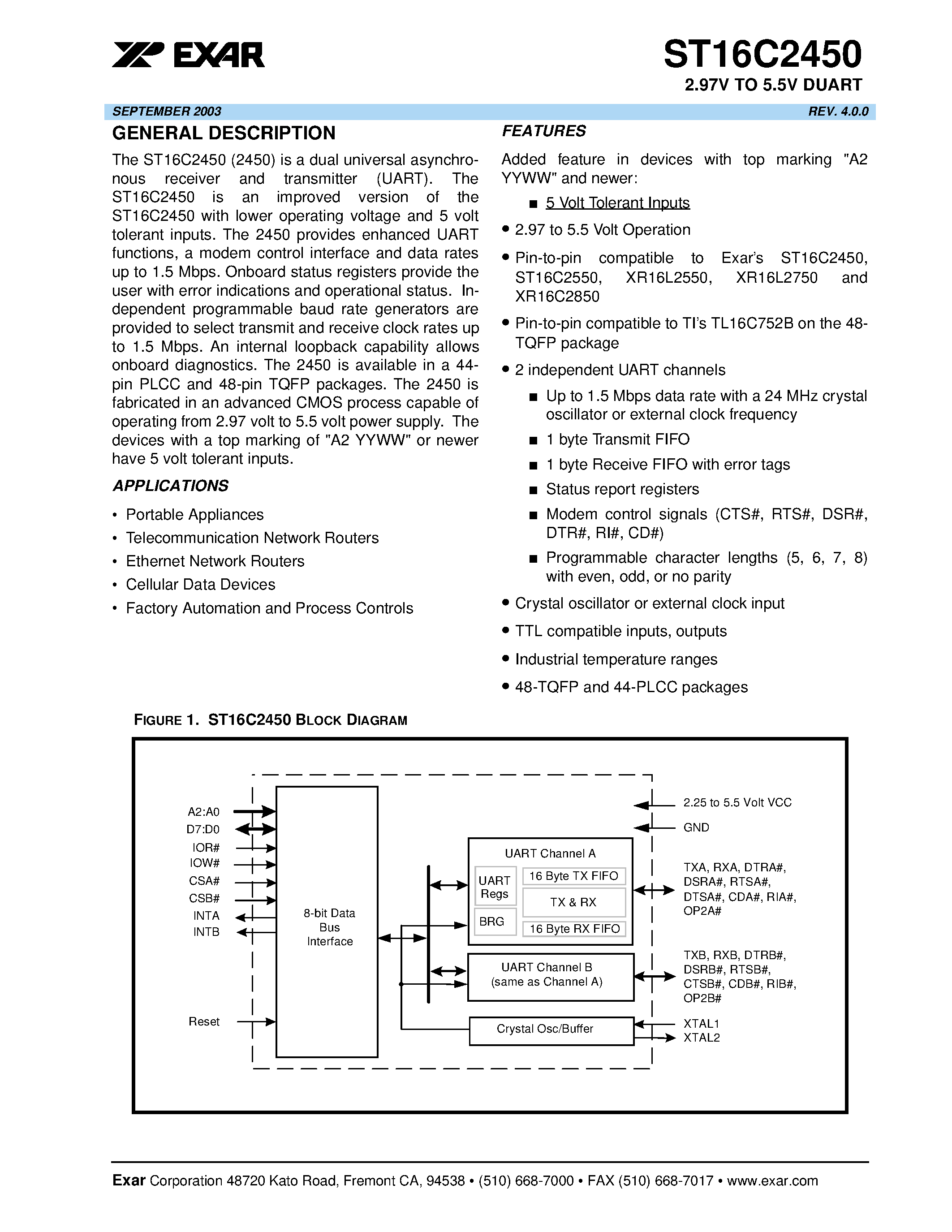 Datasheet ST16C2450 - (ST16C2450 / ST16C2451) 2.97V TO 5.5V DUART page 1