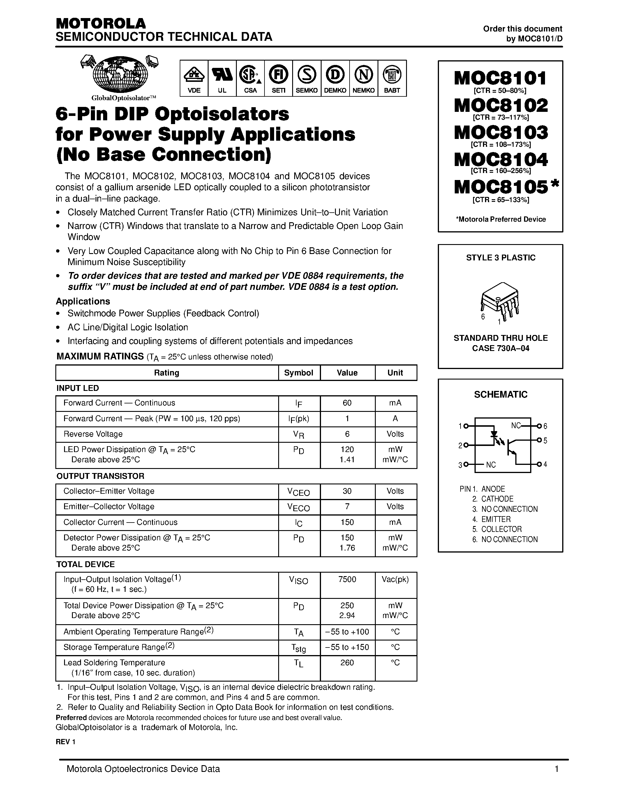 Даташит MOC8101 - (MOC8101 / MOC8102 / MOC8103 / MOC8104 / MOC8105) 6-Pin DIP Optoisolators for Power Supply Applications страница 1