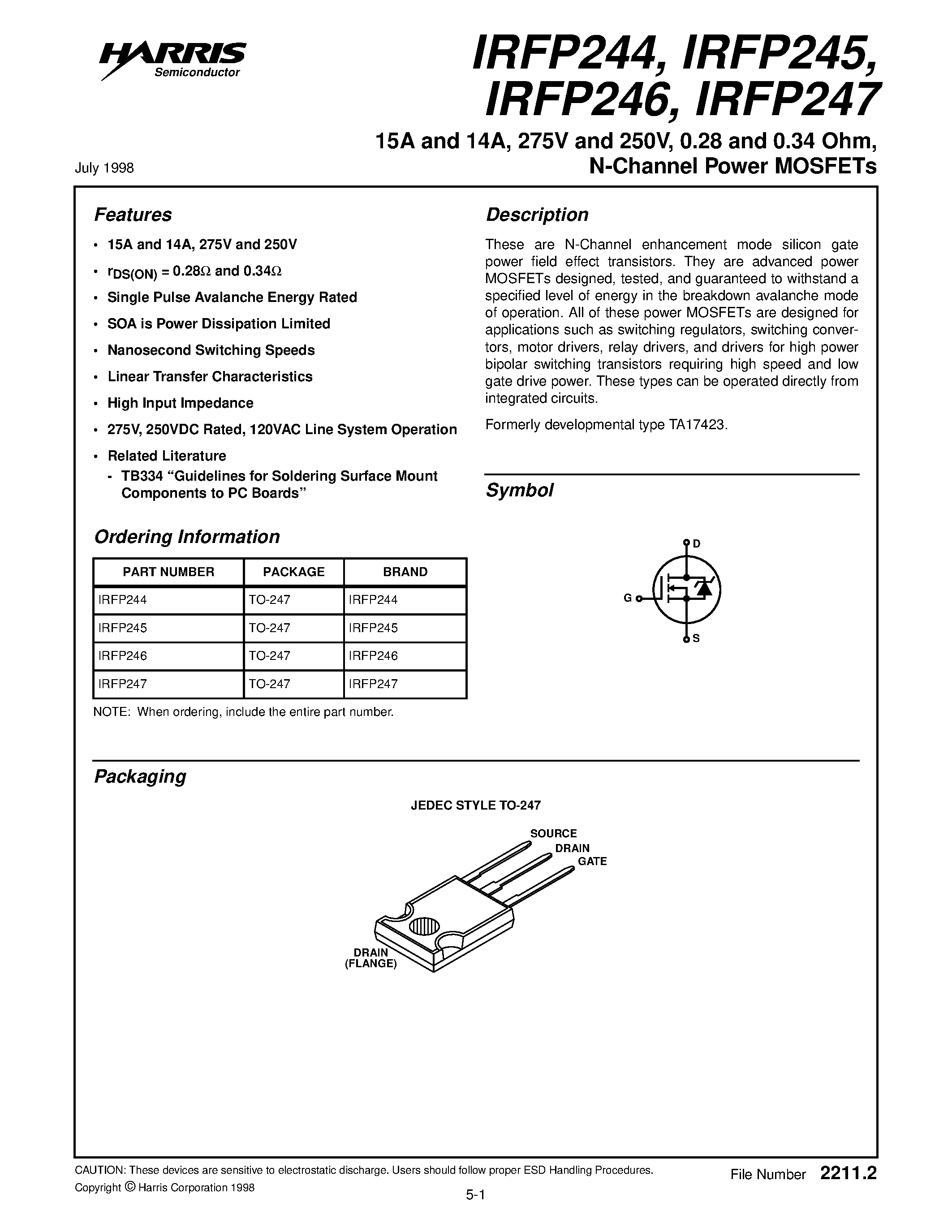 Datasheet IRFP244 - (IRFP244 / IRFP245 / IRFP246 / IRFP247) N-Channel Power MOSFETs page 1