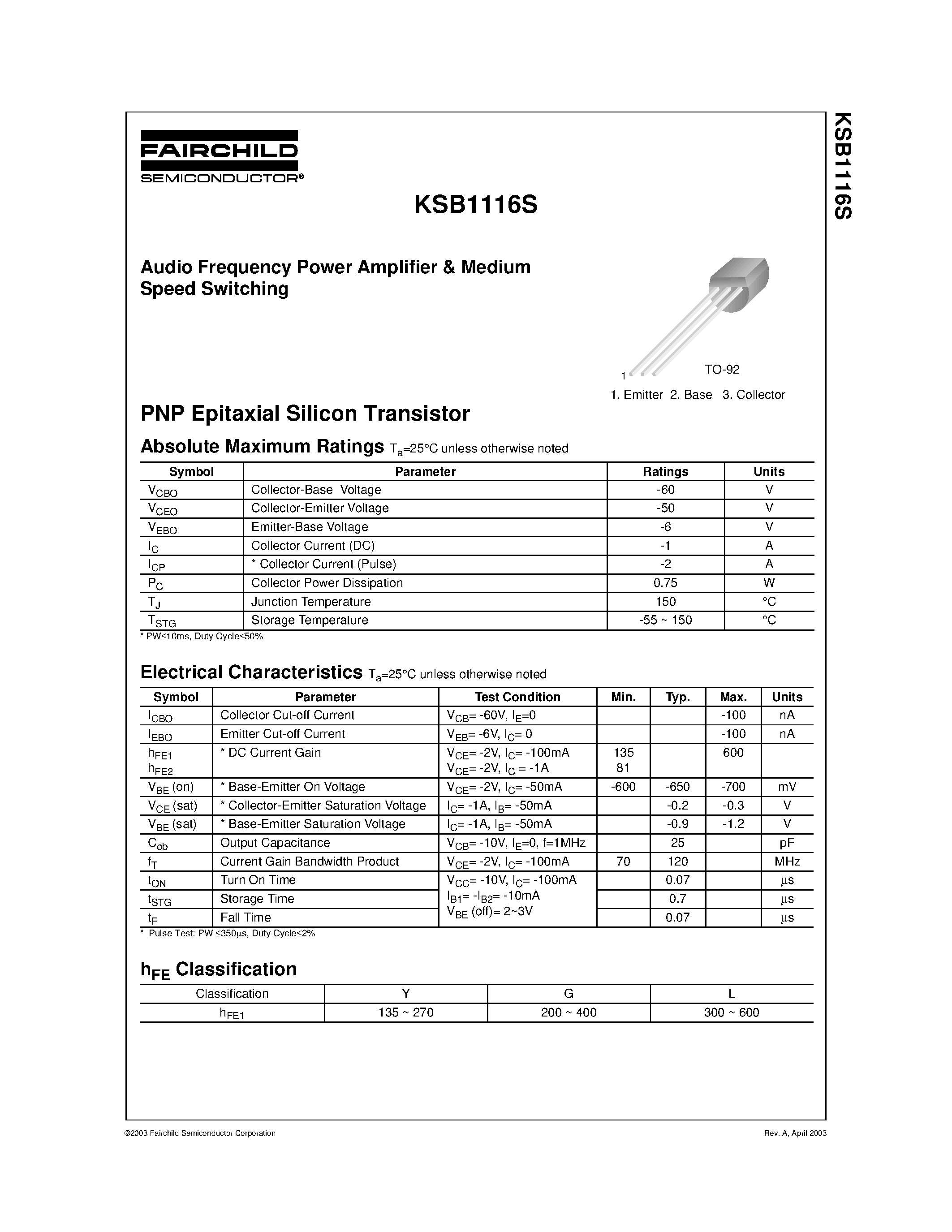 Даташит KSB1116S - Audio Frequency Power Amplifier Medium Speed Switching страница 1