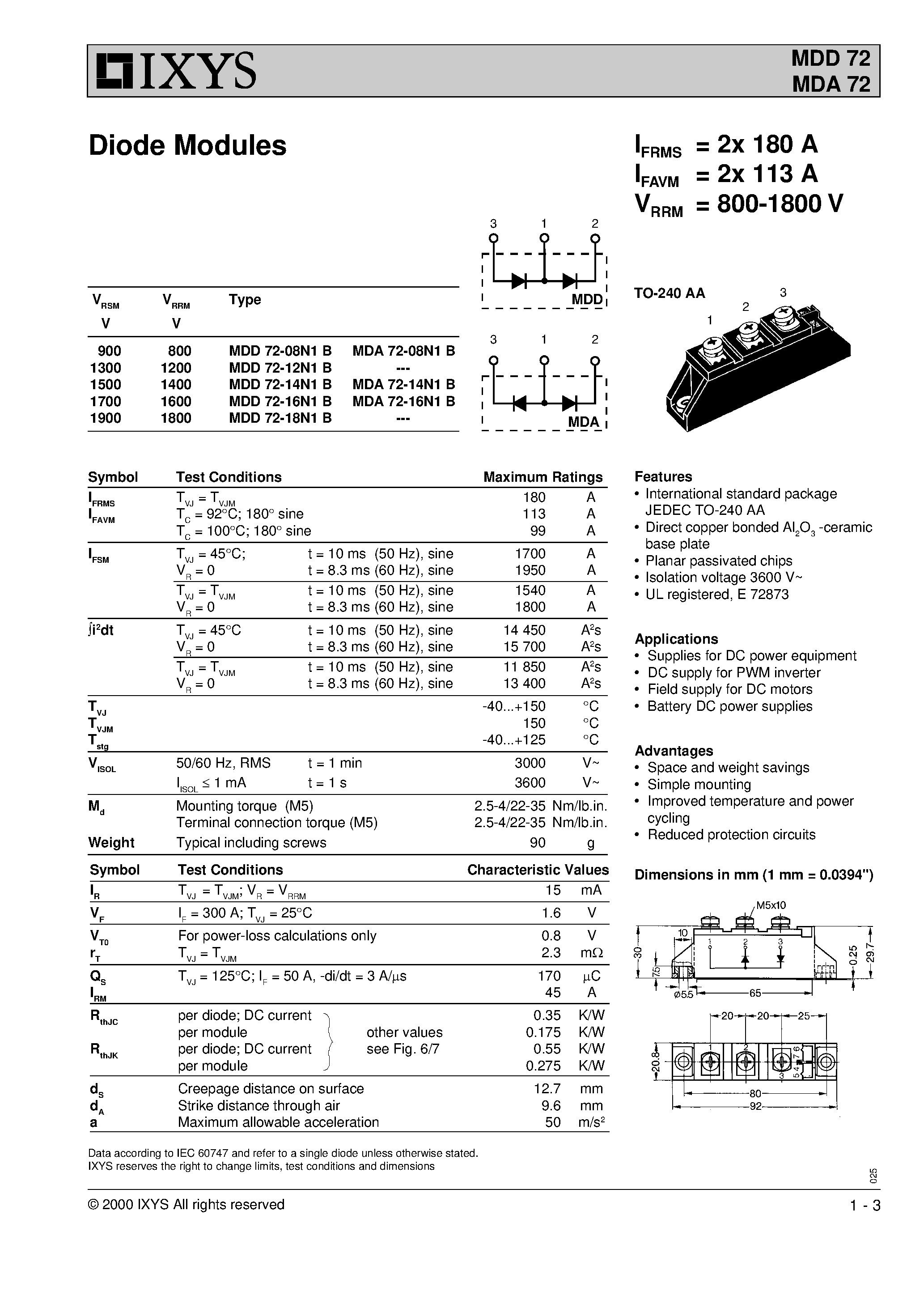Datasheet MDA72 - Diode Modules page 1