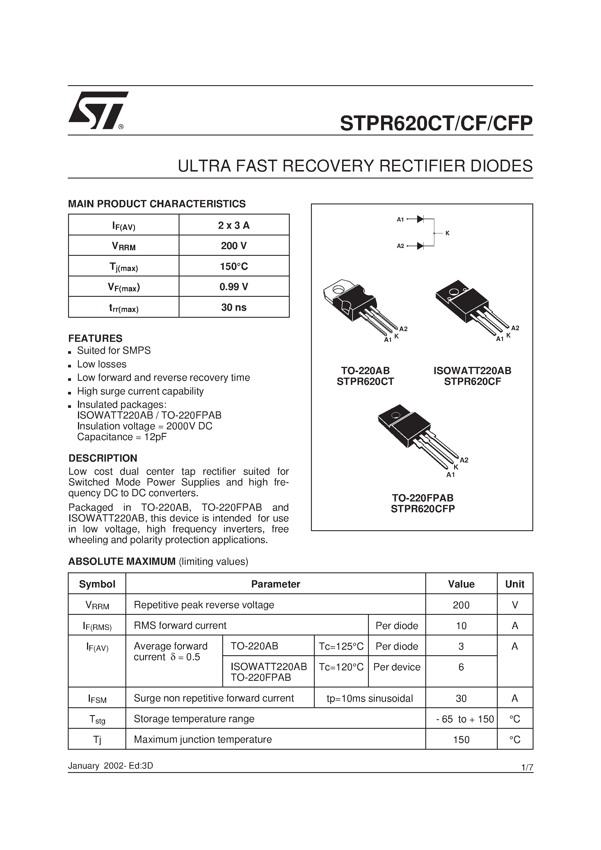 Даташит STPR620C - ULTRA FAST RECOVERY RECTIFIER DIODES страница 1