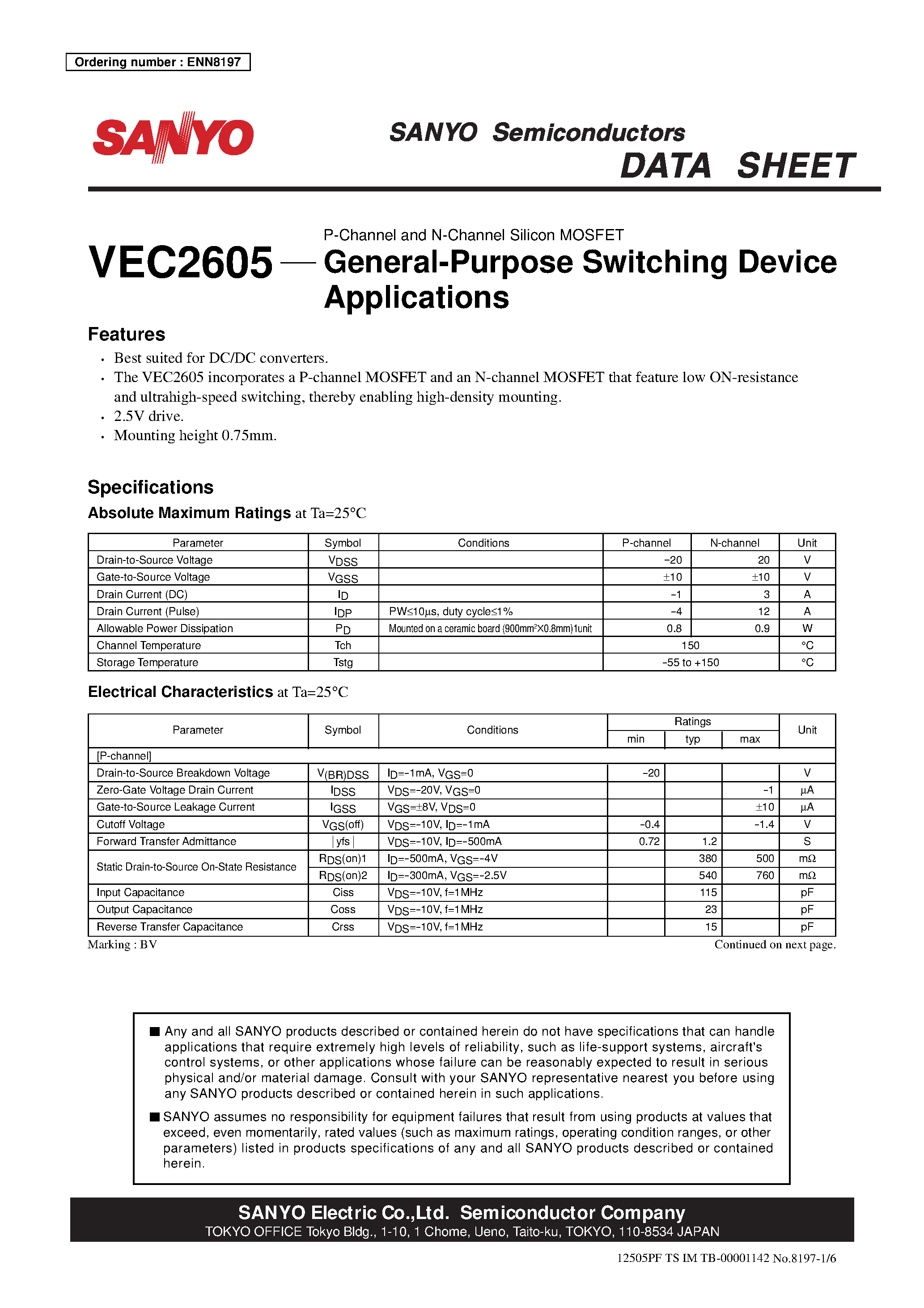 Даташит VEC2605 - P-Channel and N-Channel Silicon MOSFET General-Purpose Switching Device Applications страница 1
