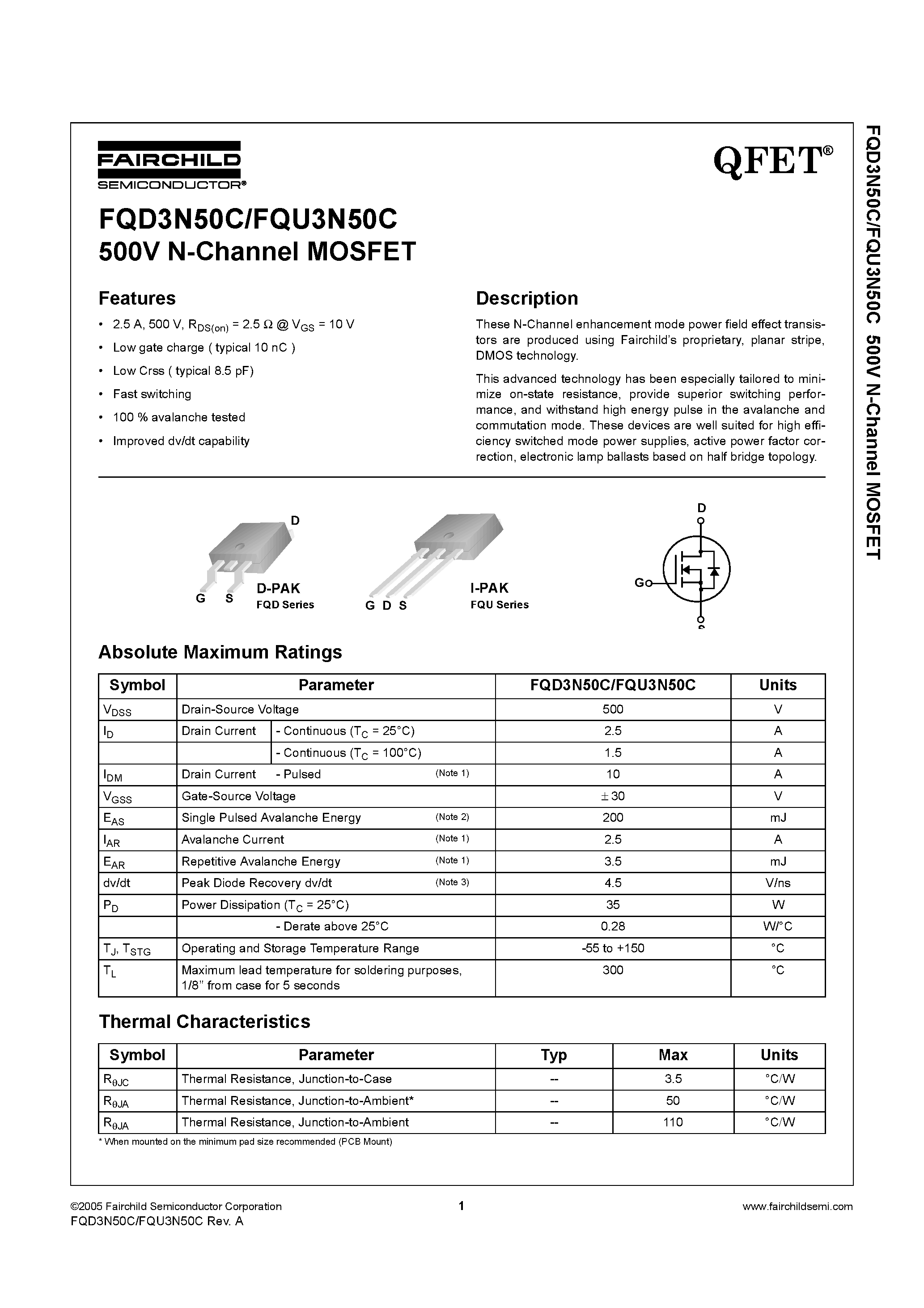Datasheet FQD3N50C - 500V N-Channel MOSFET page 1