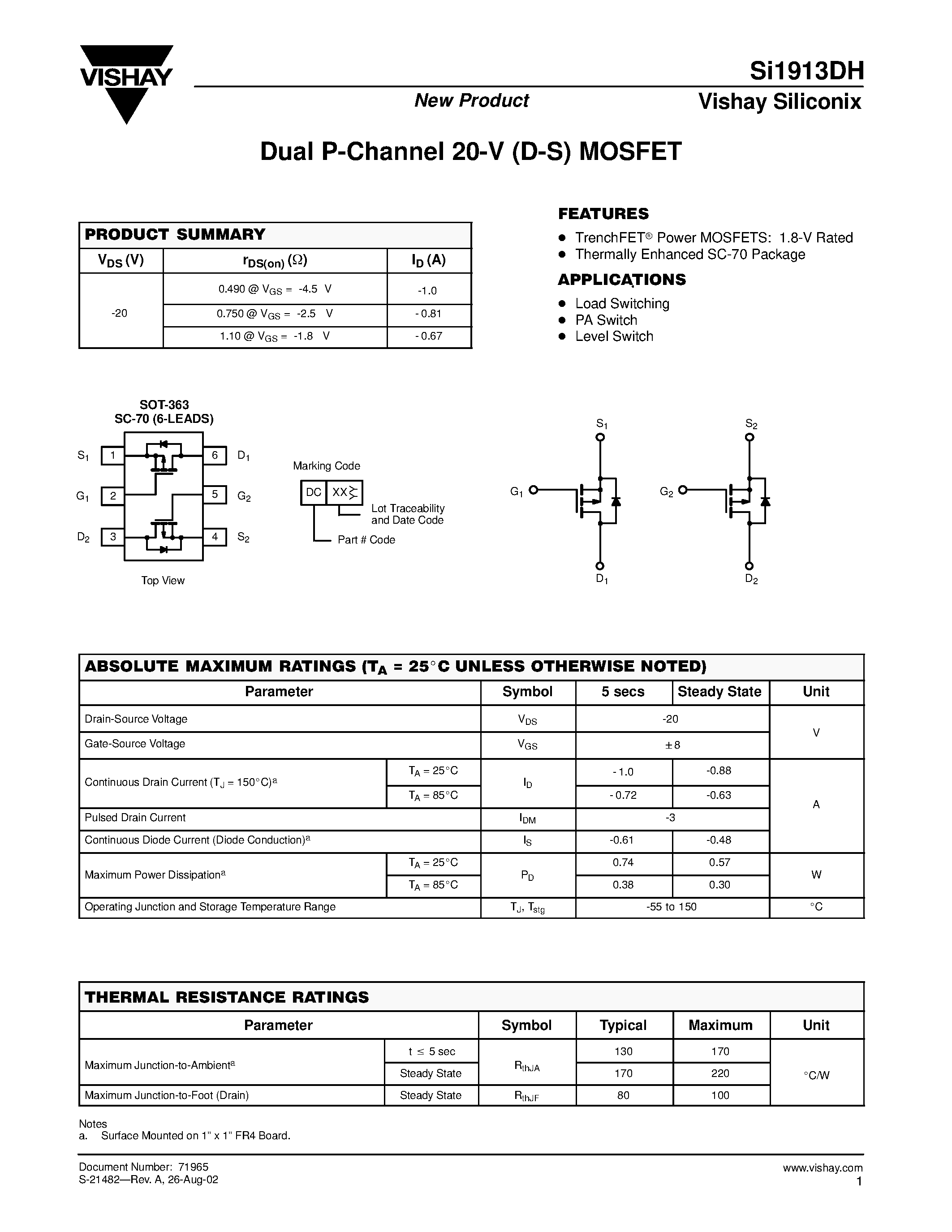 Datasheet SI1913DH - Dual P-Channel 20-V (D-S) MOSFET page 1