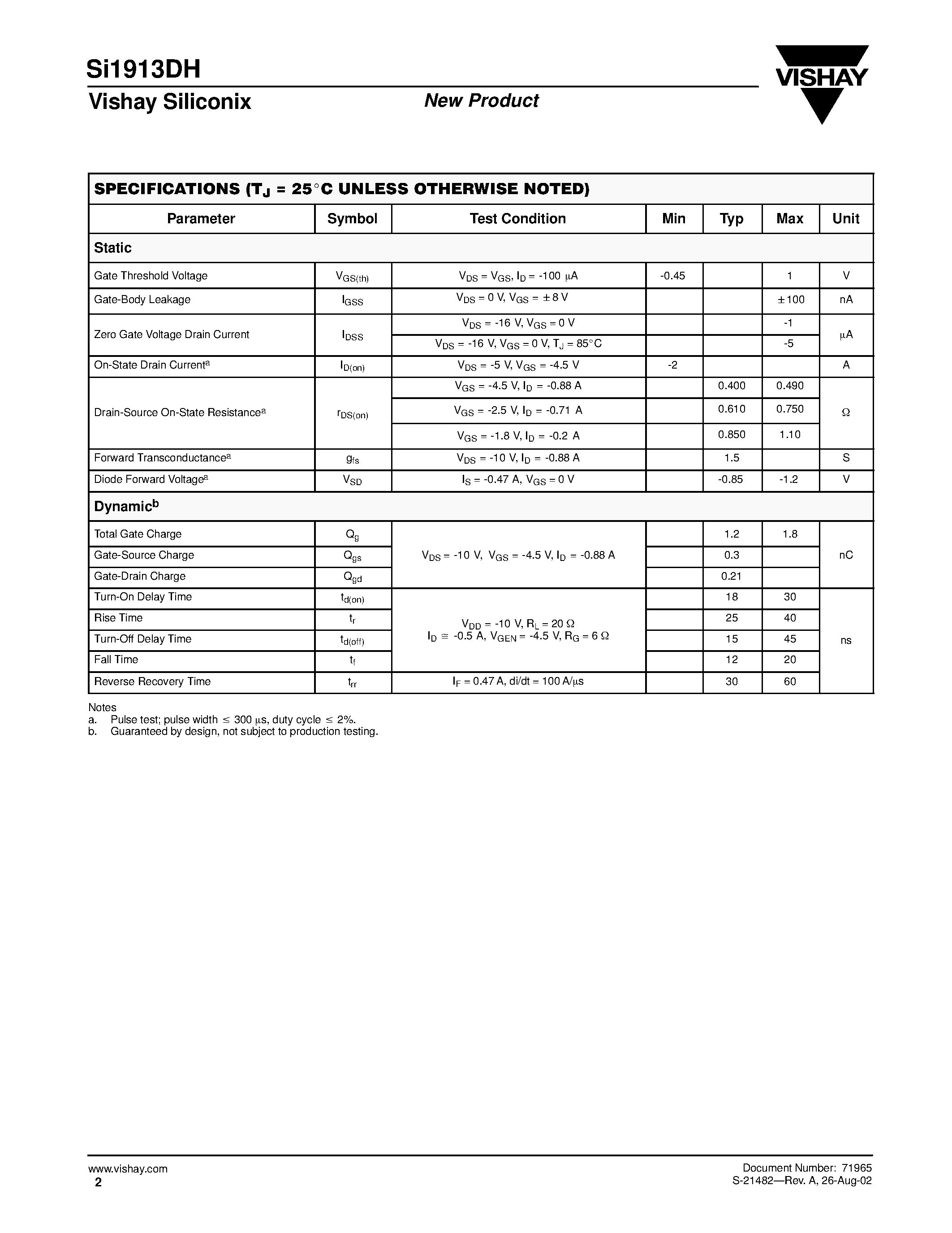 Datasheet SI1913DH - Dual P-Channel 20-V (D-S) MOSFET page 2