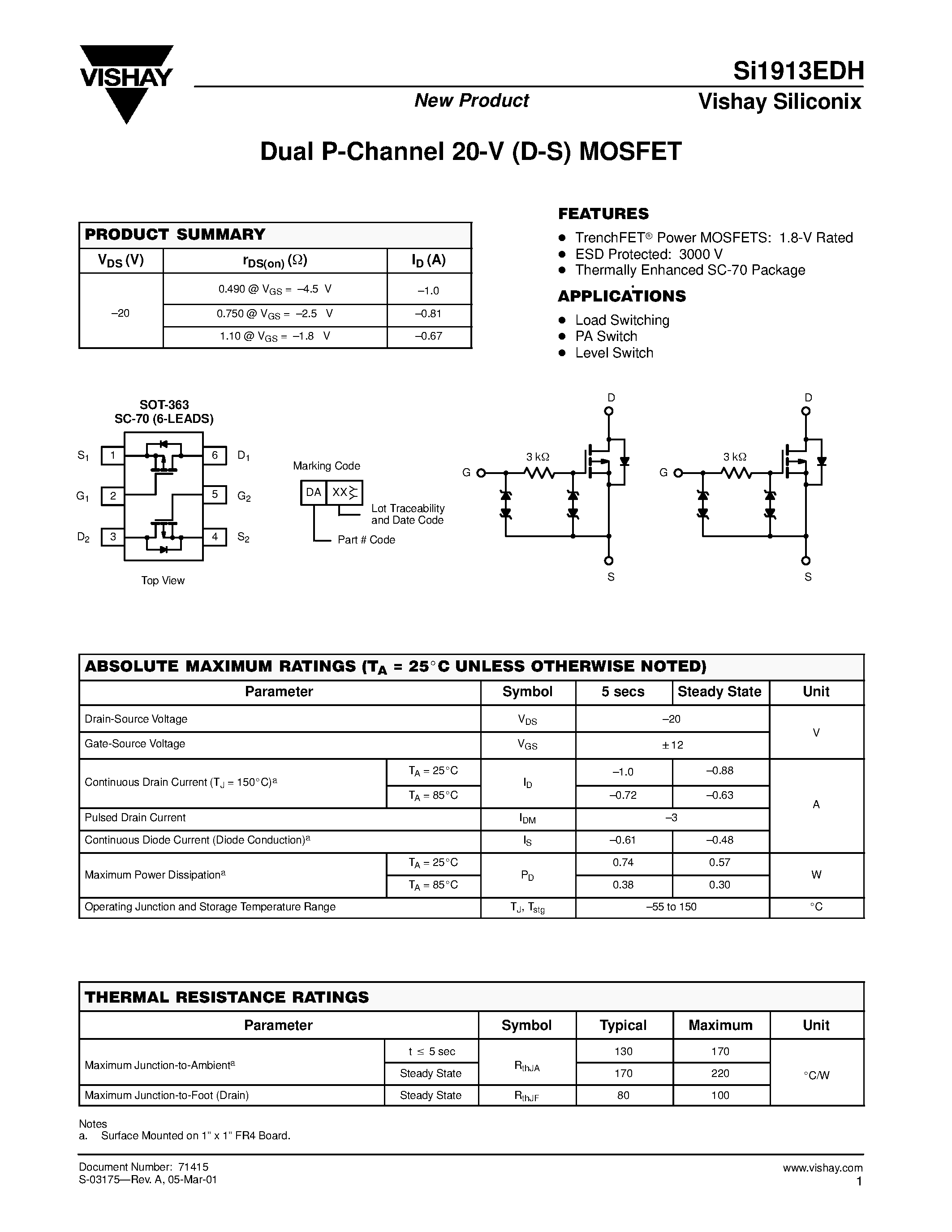Datasheet SI1913EDH - Dual P-Channel 20-V (D-S) MOSFET page 1