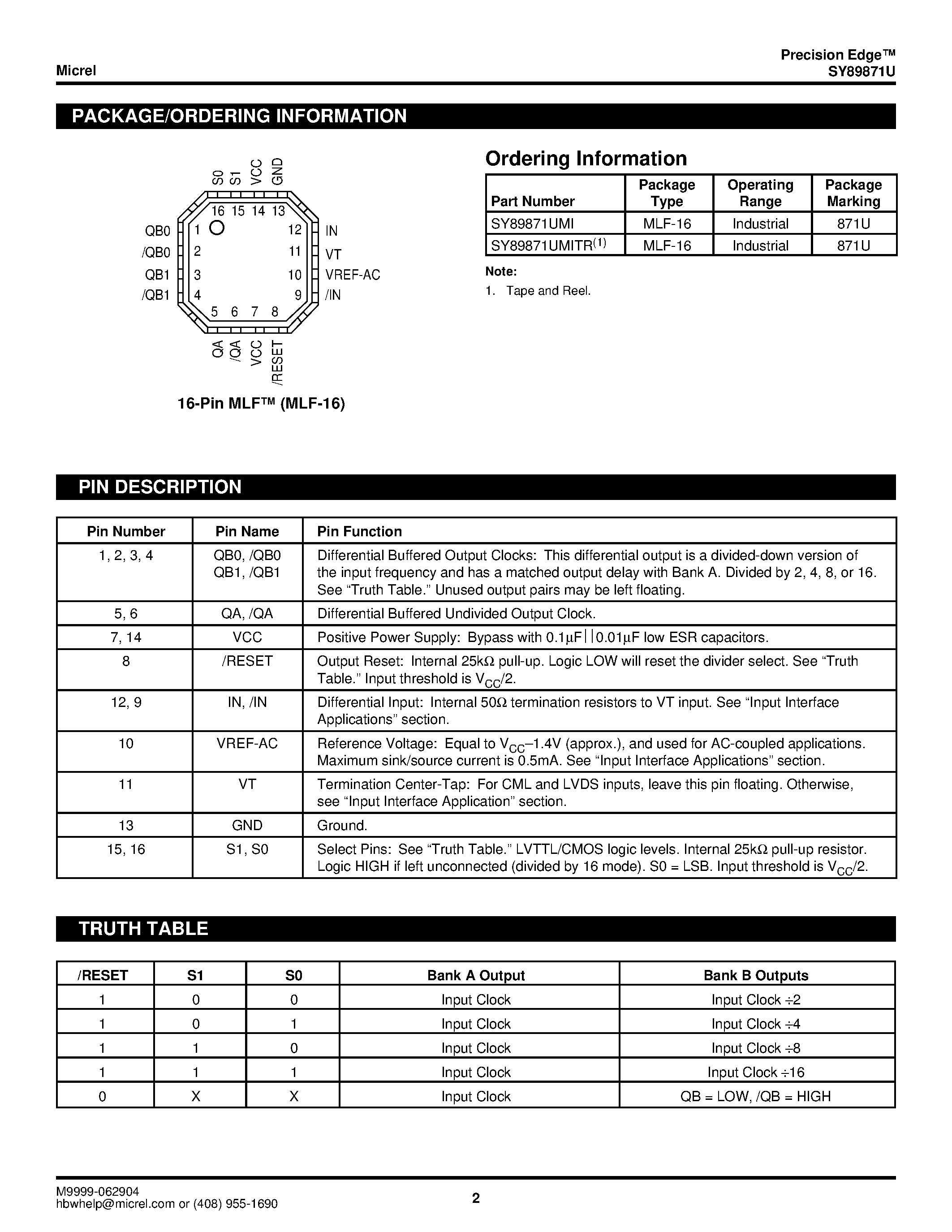 Datasheet SY89871U - 2.5GHz ANY DIFF / IN-TO-LVPECL PROGRAMMABLE CLOCK DIVIDER/ FANOUT BUFFER WI/INTERNAL TERMINATION page 2