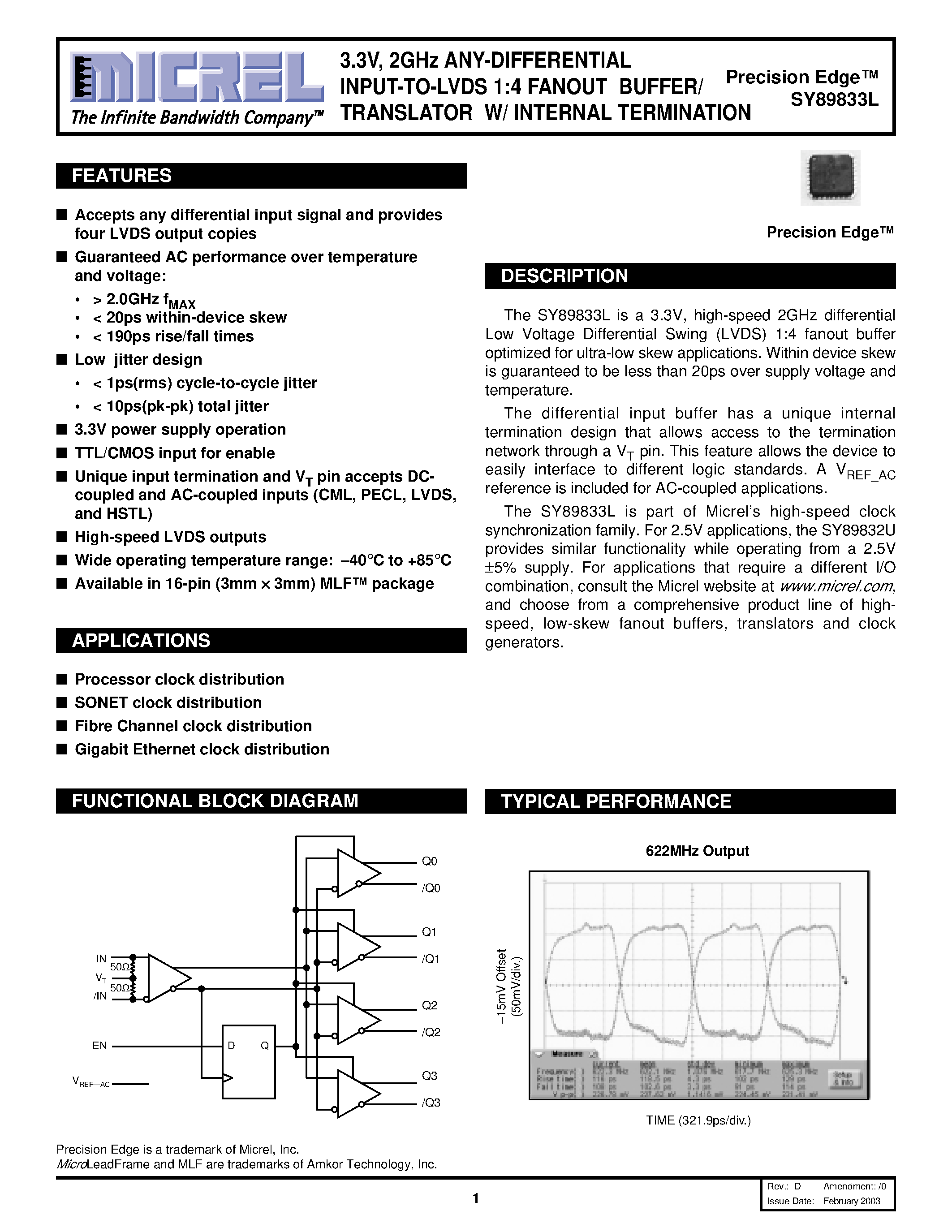 Datasheet SY89833L - 3.3V / 2GHz ANY-DIFFERENTIAL INPUT-TO-LVDS 1:4 FANOUT BUFFER/TRANSLATOR W/ INTERNAL TERMINATION page 1